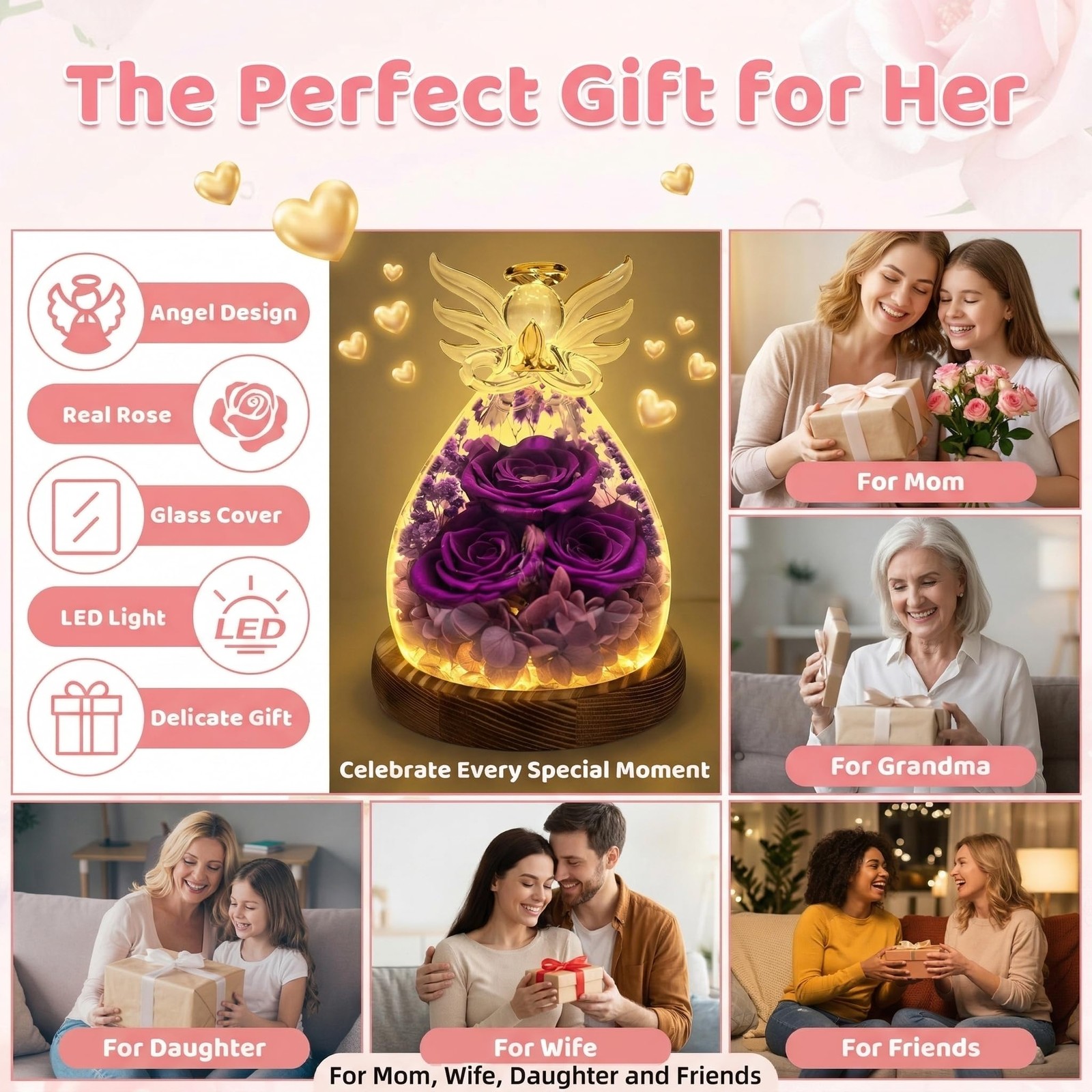 Preserved Rose Angel Figurines with LED Light – Forever Flowers Birthday Gift…
