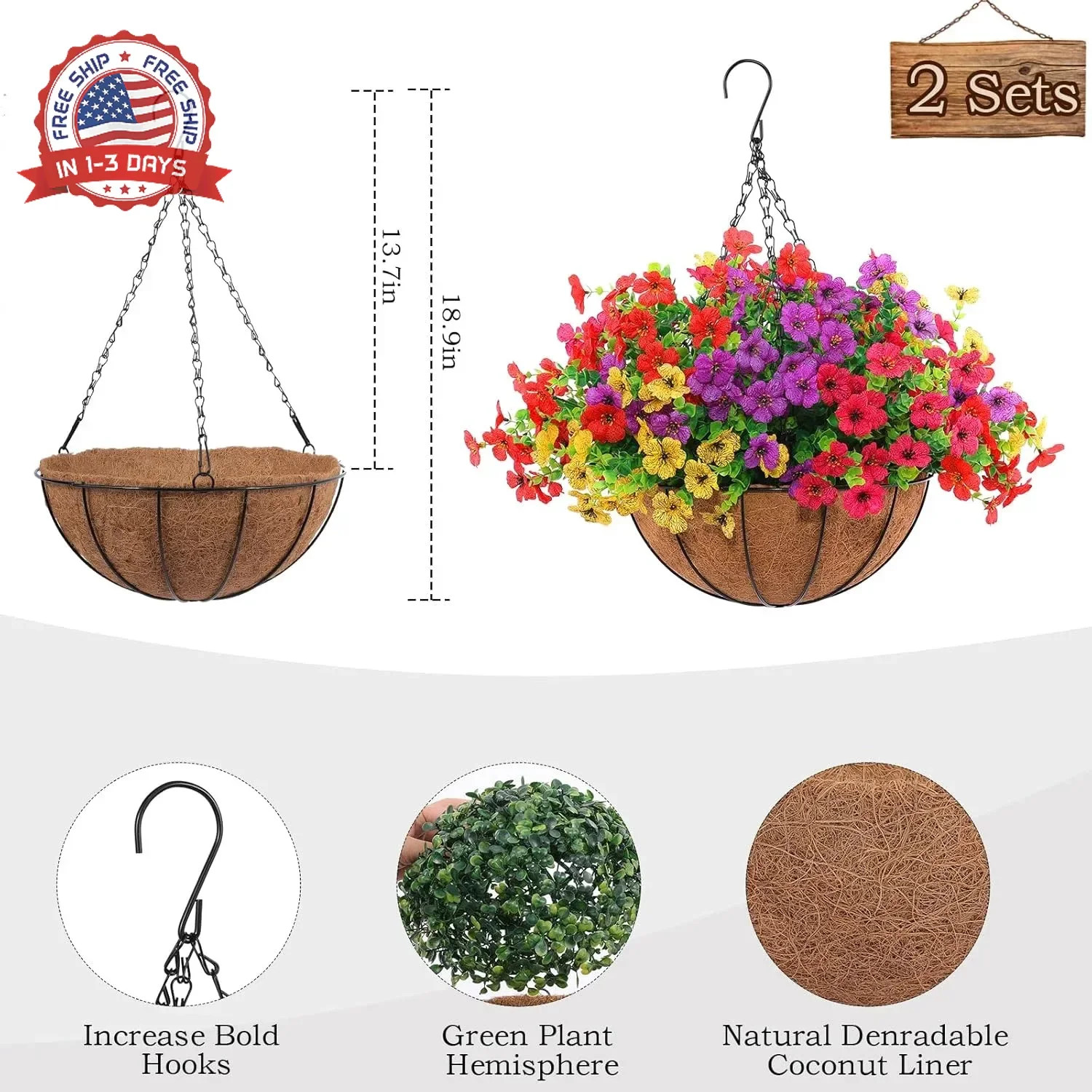 Hananona 2 Set Artificial Outdoor Flowers with Hanging Basket, 2 Hanging Planter