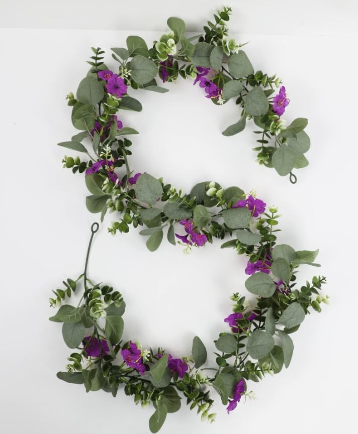 2Pack Eucalyptus Flower Garland with Violet 5.9Ft Artificial Ivy Greenery Han…
