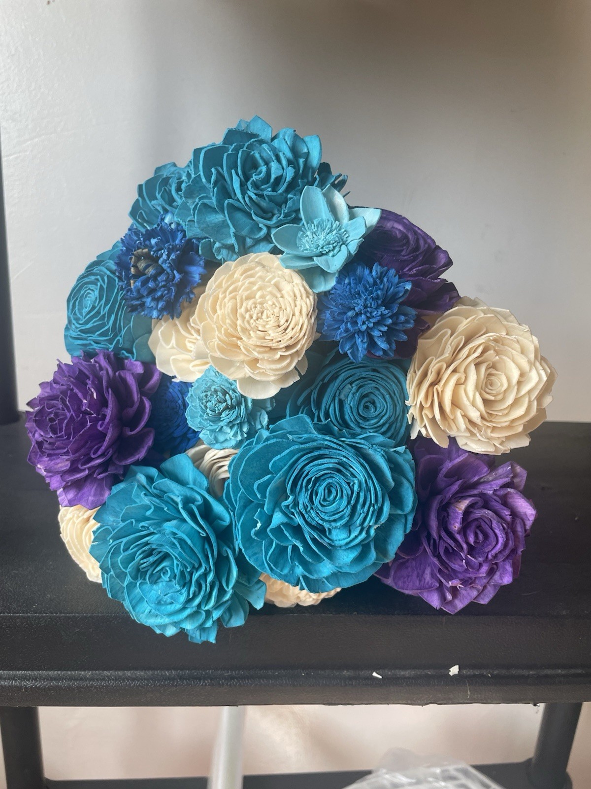 Handmade Wooden Flower Bouquet – Teal Purple Ivory