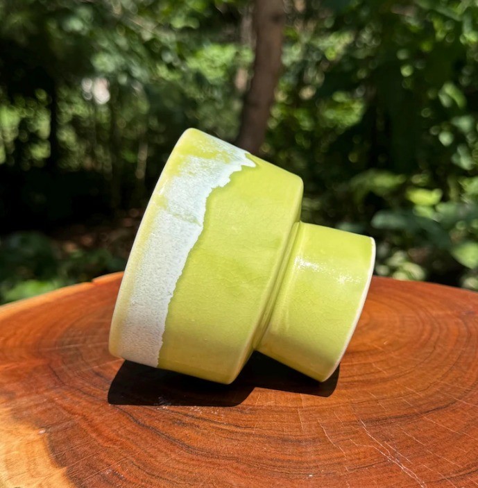 Vintage Ceramic Vase or Planter with White Drip Glaze over Lime Green