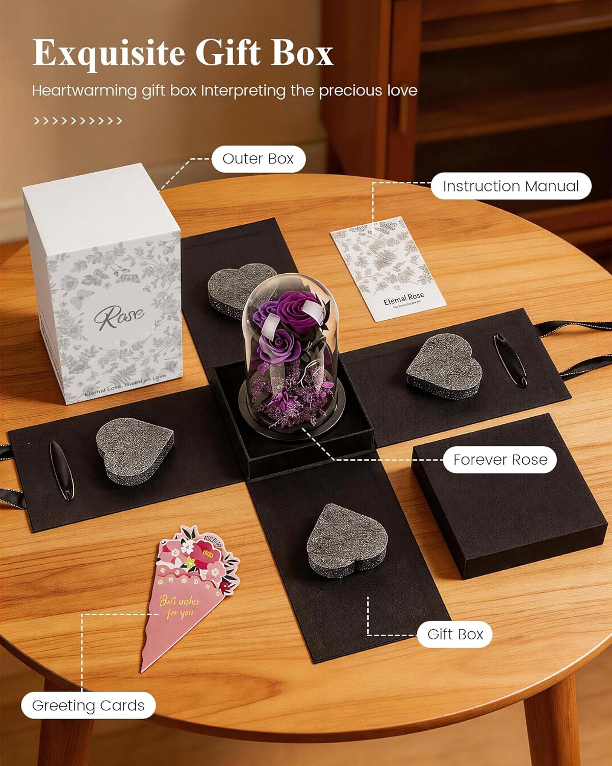 Mothers Day Roses Gifts for Mom,Forever Purple Preserved Rose in Glass Dome,Moth