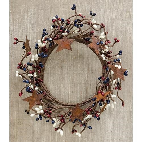 NEW Primitive Berry Candle Ring Rusty Stars 4″ NAVY BURGUNDY IVORY Americana