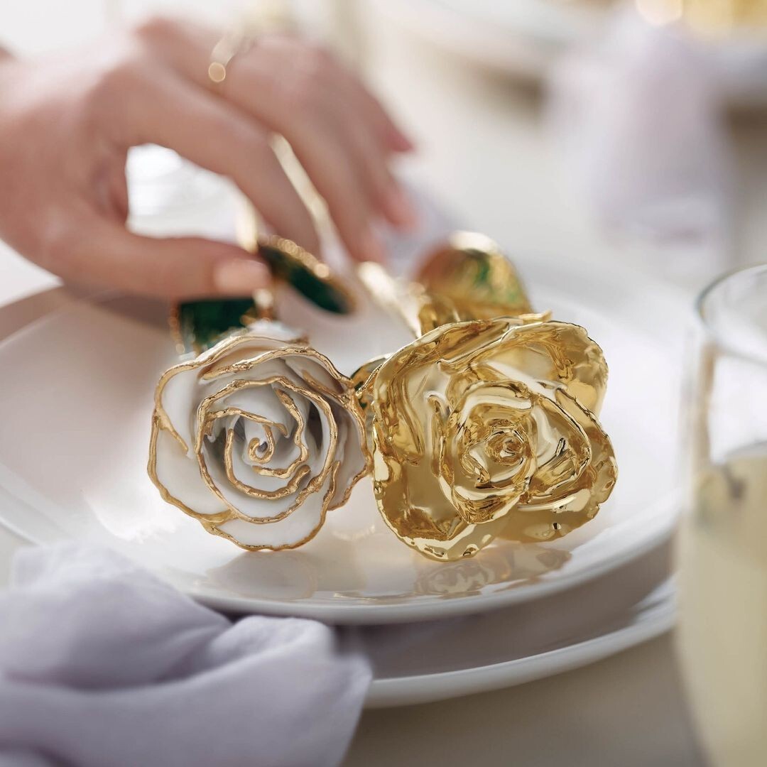 Lacquered White Rose with Gold Trim