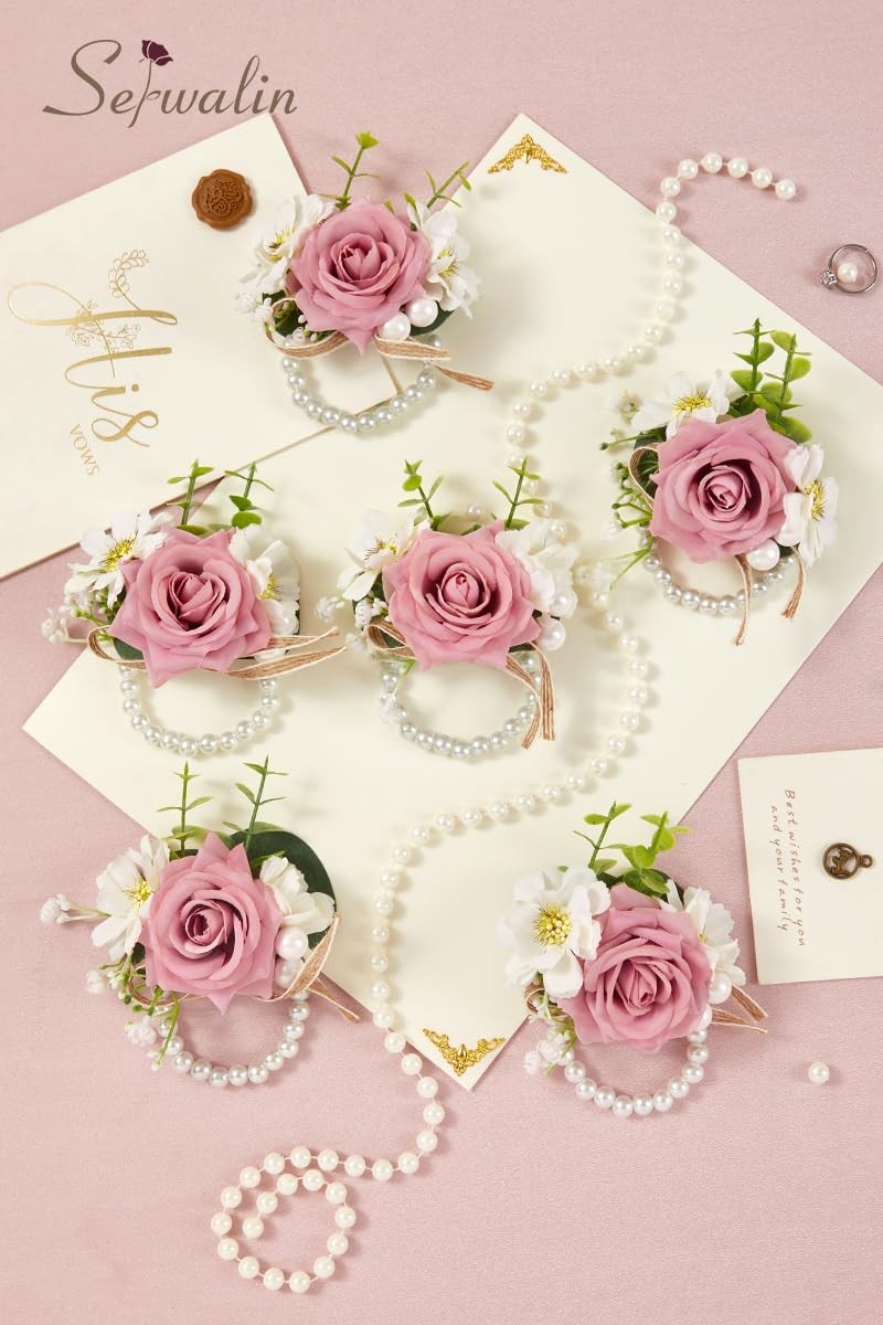 6 PCS Pink Rose Wrist Corsage for Wedding, Corsage for Prom Homecoming Party …