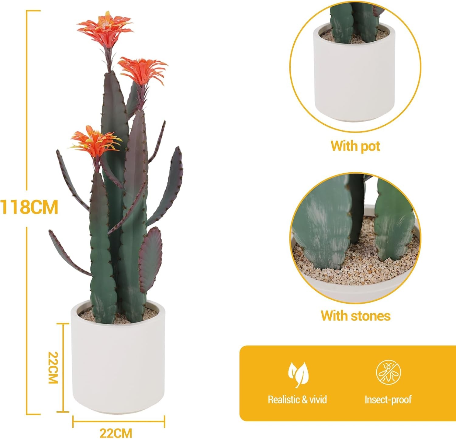 Artificial Cactus in Pot with Stone and Red Flower, Decorative Desert Cacti