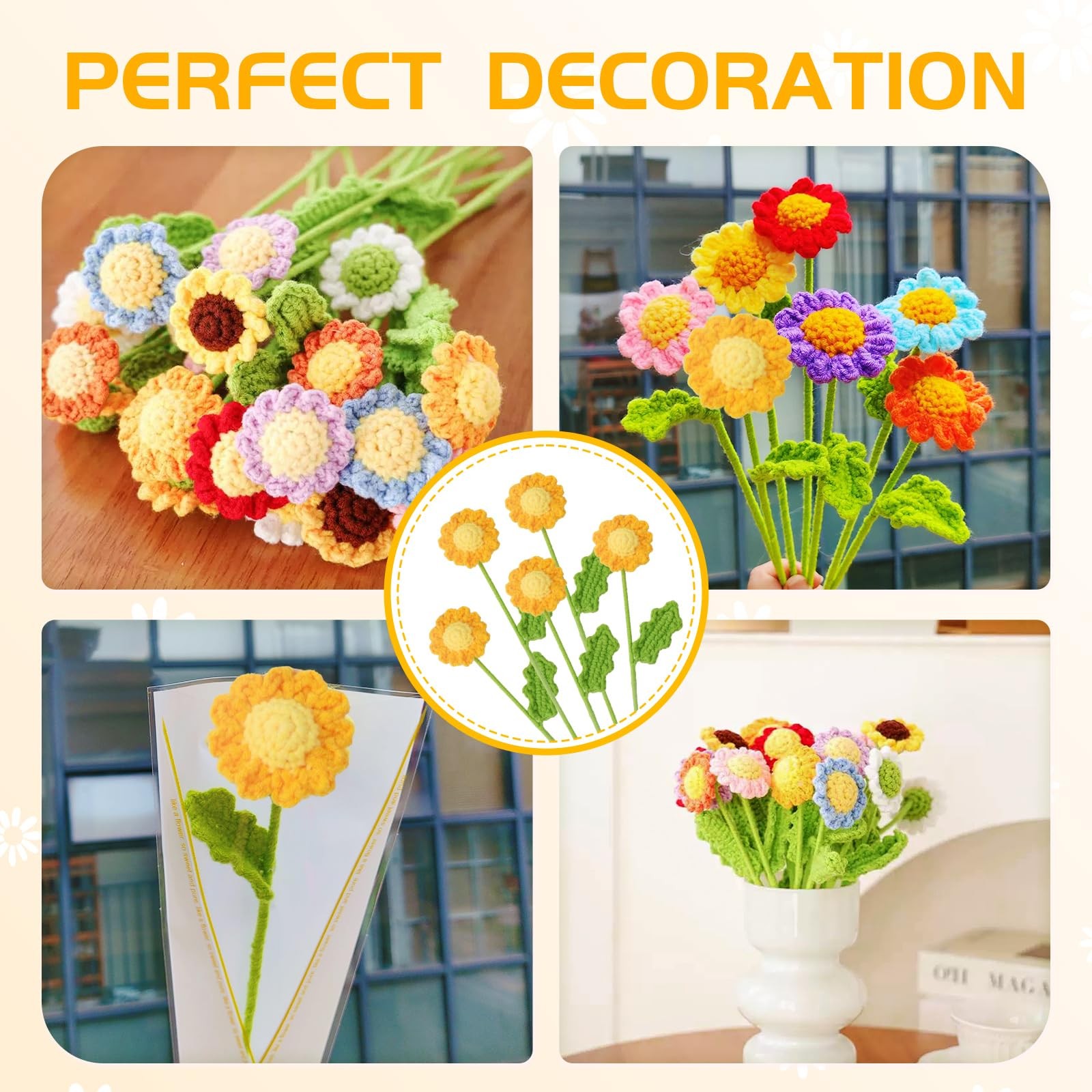 6PCS Crochet Daisy Flower 16.5Inch Knitted Handmade Daisy Flowers Cotton Knit…