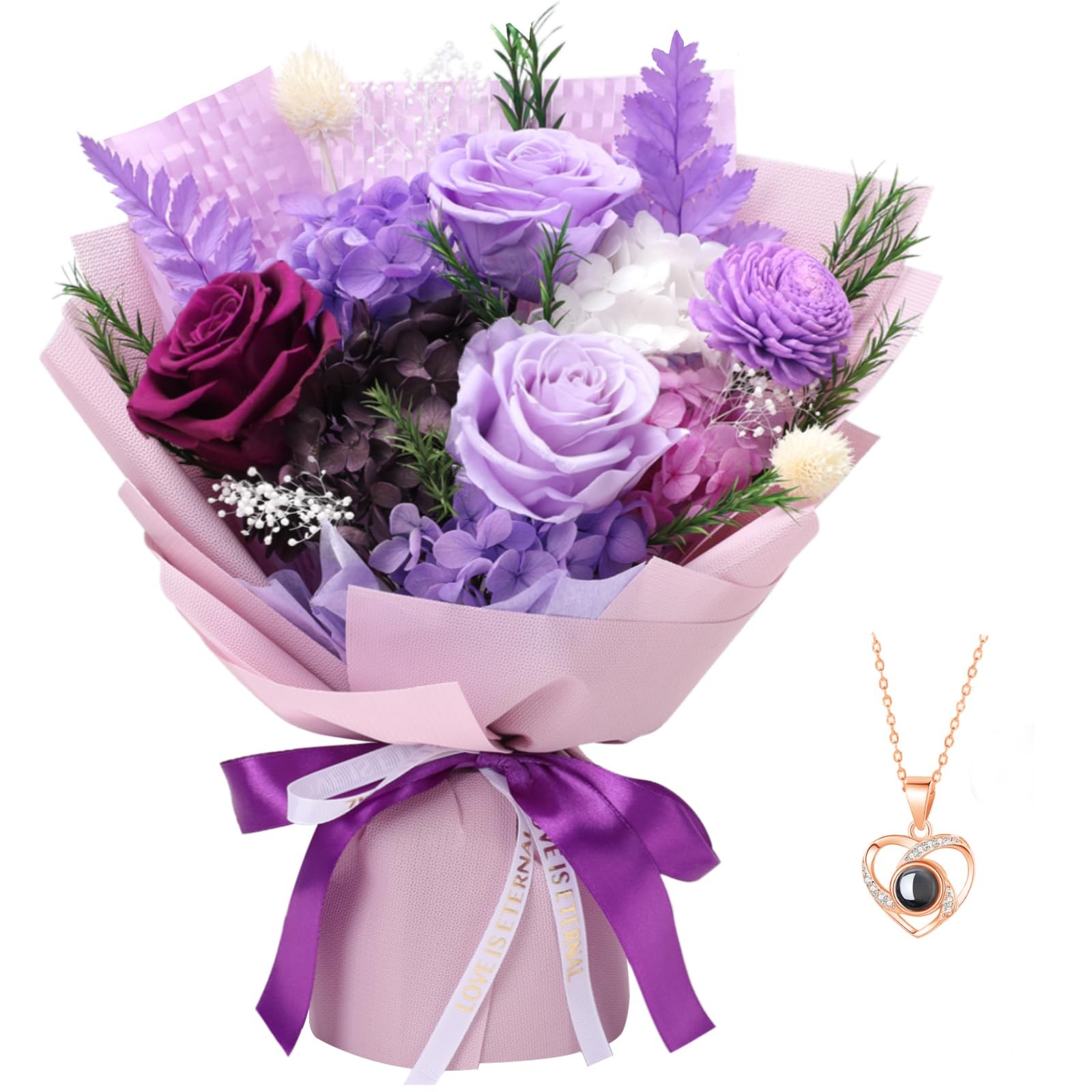 Preserved Flowers for Delivery, Mothers Day Purple Flower Bouquets with Neckl…