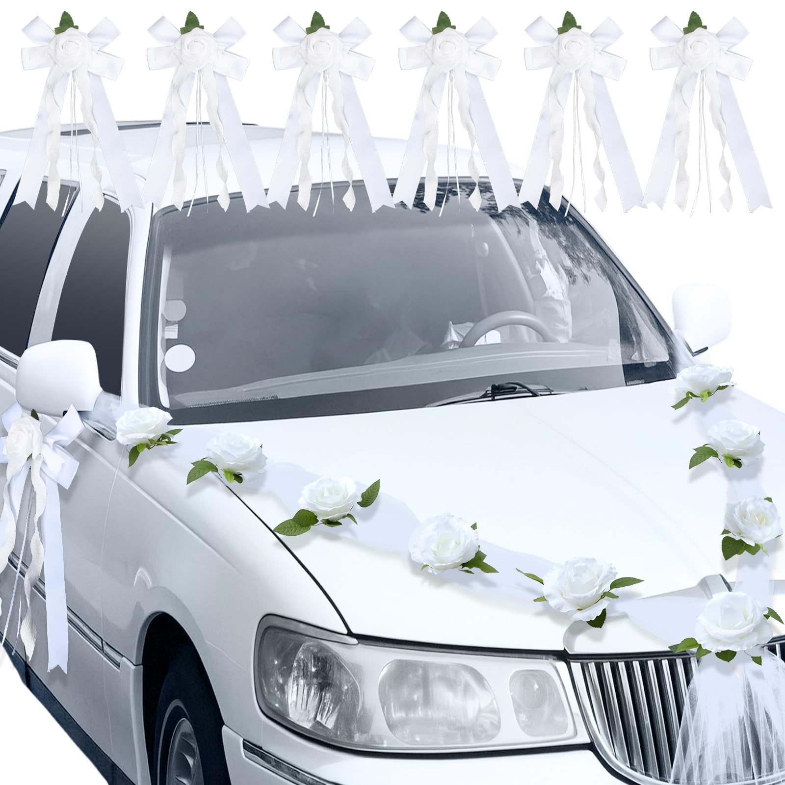 Just Married Car Decorations Wedding Door Handle Flowers White Bouquet Ribbon