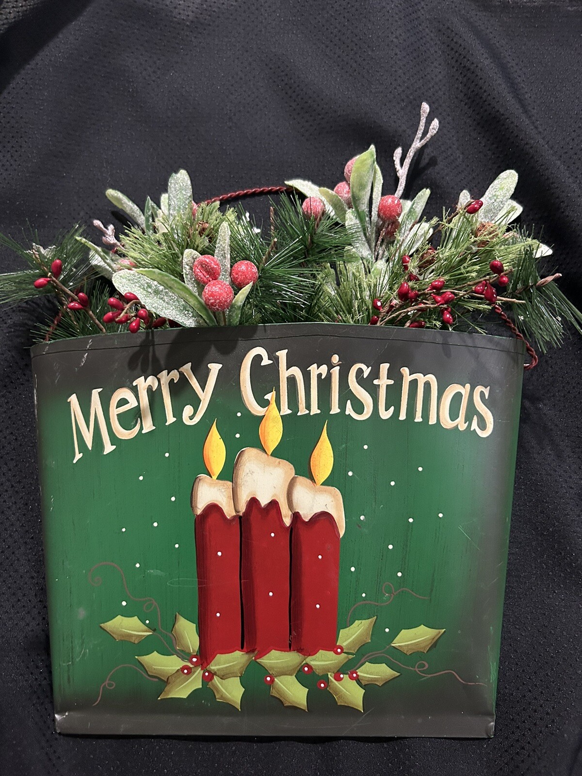 Merry Christmas Wall Decor Painted Tin Bucket with Artificial Berries and Pine