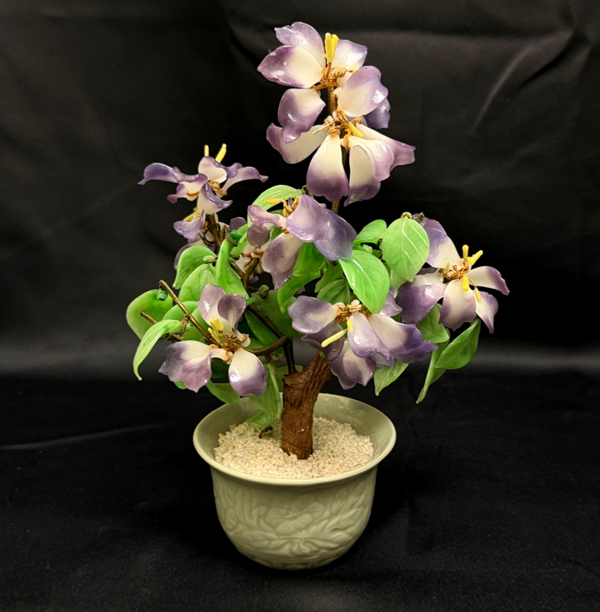 Vintage Jade & Glass Handmade Bonsai Tree Purple & White Flowers 11”