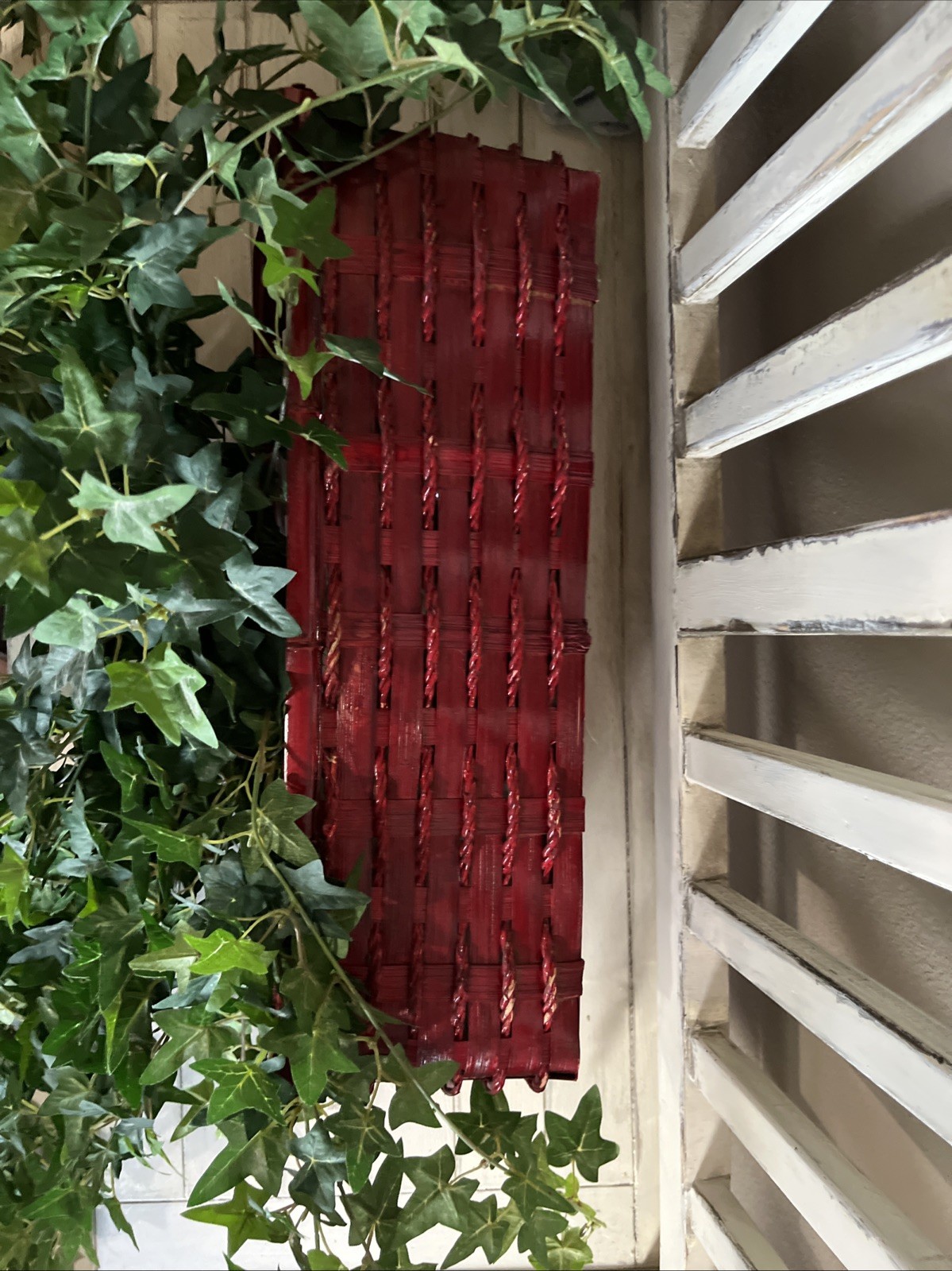 Faux Ivy In Red Wicker Basket 19”W x6 1/2”Dx6 3/8”H W/ Plant 19”H x58”W Used
