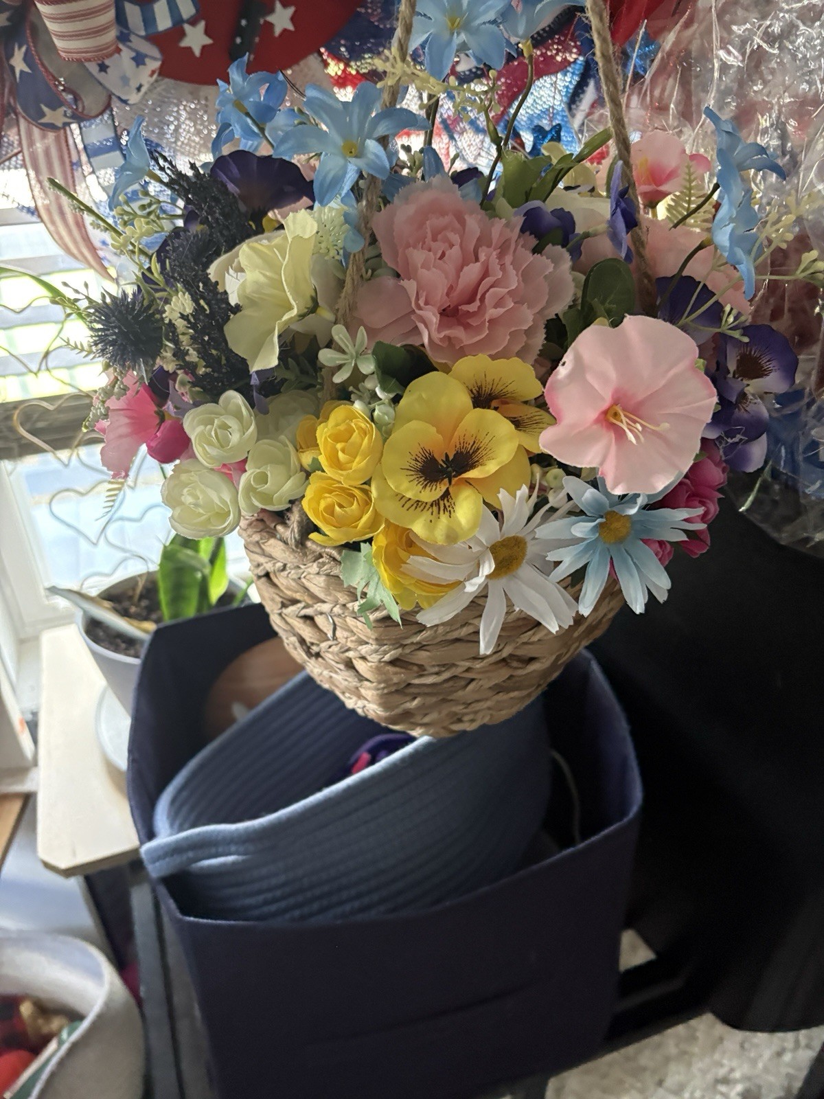 Artificial Multicolor Floral Flower Basket Wall Decor Arrangement