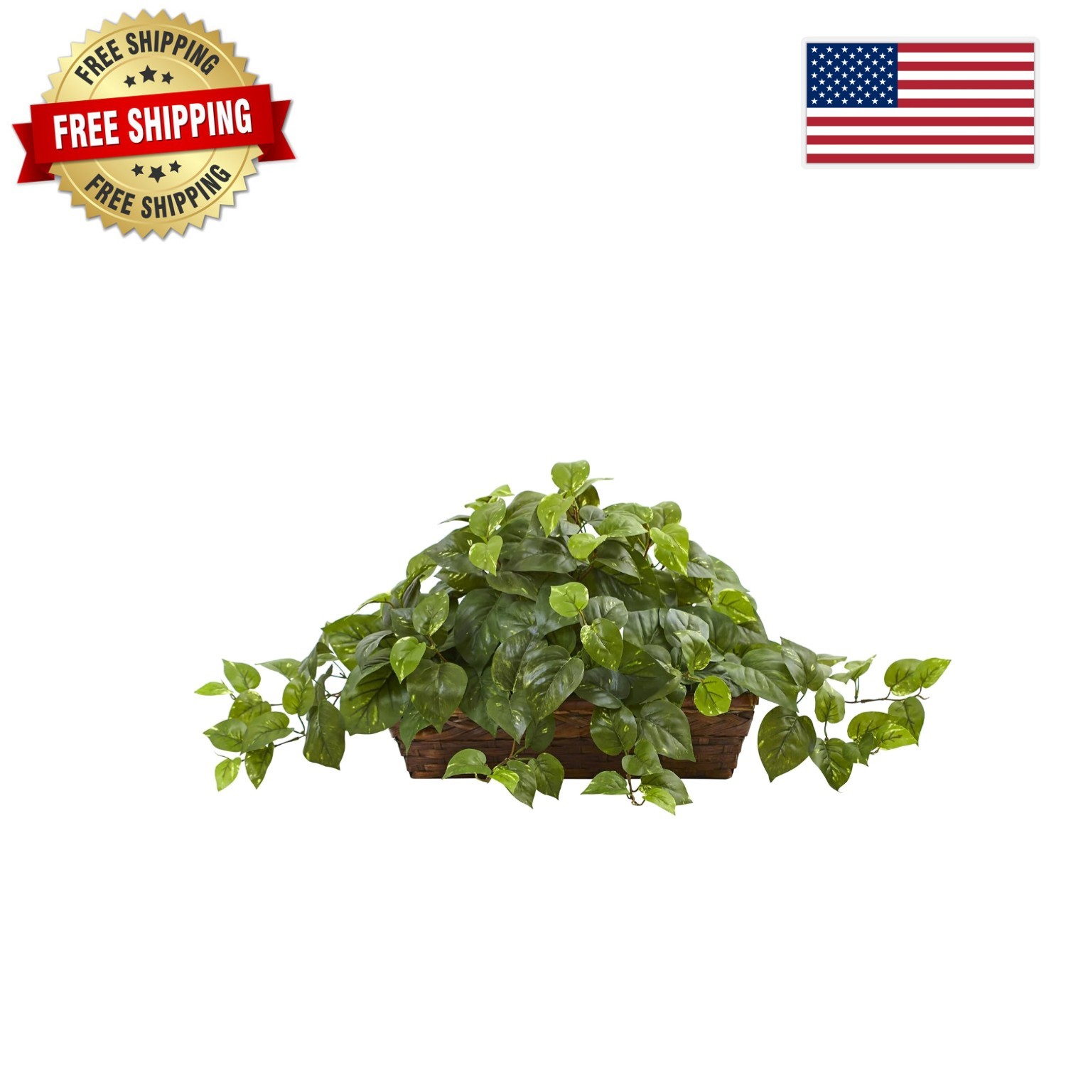 34” Artificial Pothos Ivy Plant in Ledge Basket for Effortless Home Elegance