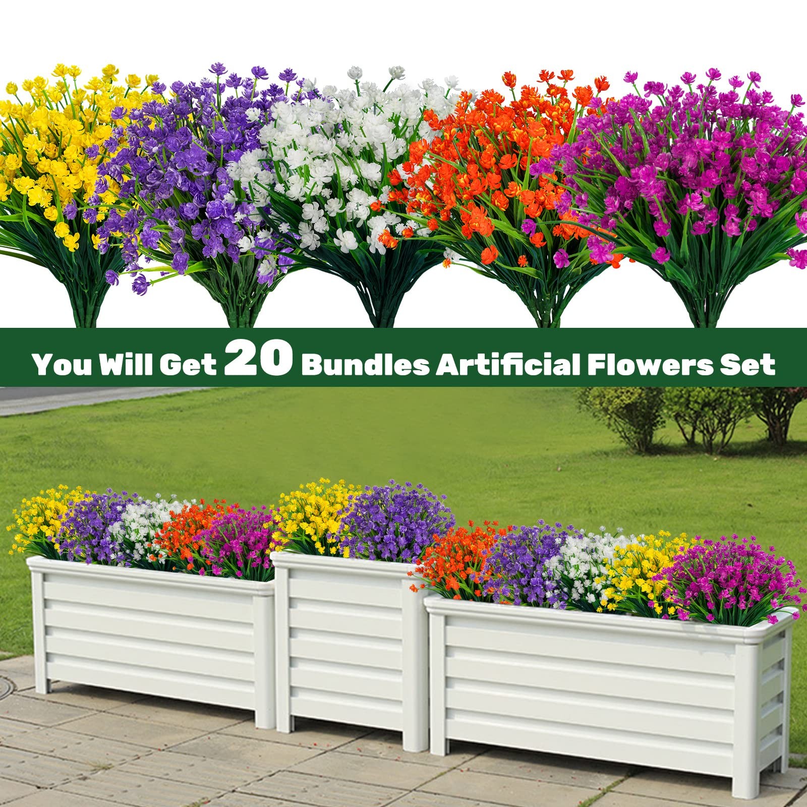 20pcs Artificial Fake Flowers,Plastic Flowers for Outdoor Decoration, UV Resi…
