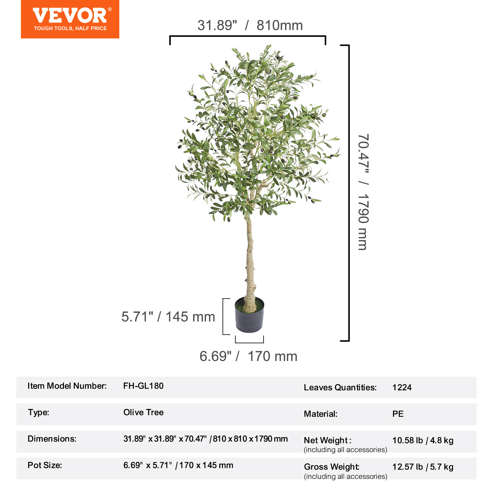 VEVOR 6 FT Artificial Olive Tree Green Natural Tall Faux Lifelike Fake Plant