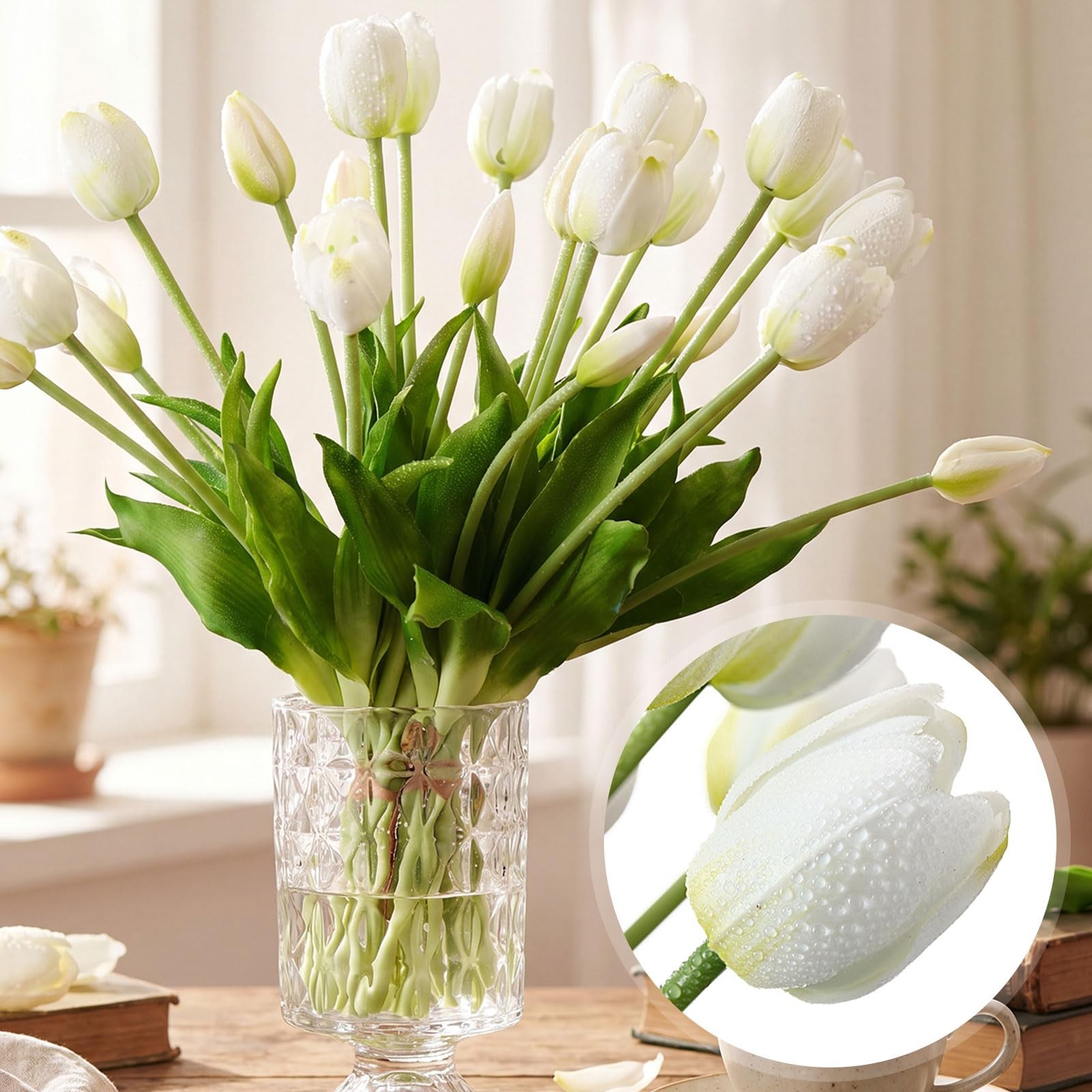80 Heads White Artificial Tulips Flowers, Fake Tulip 15.8″ Realistic Soft Lat…