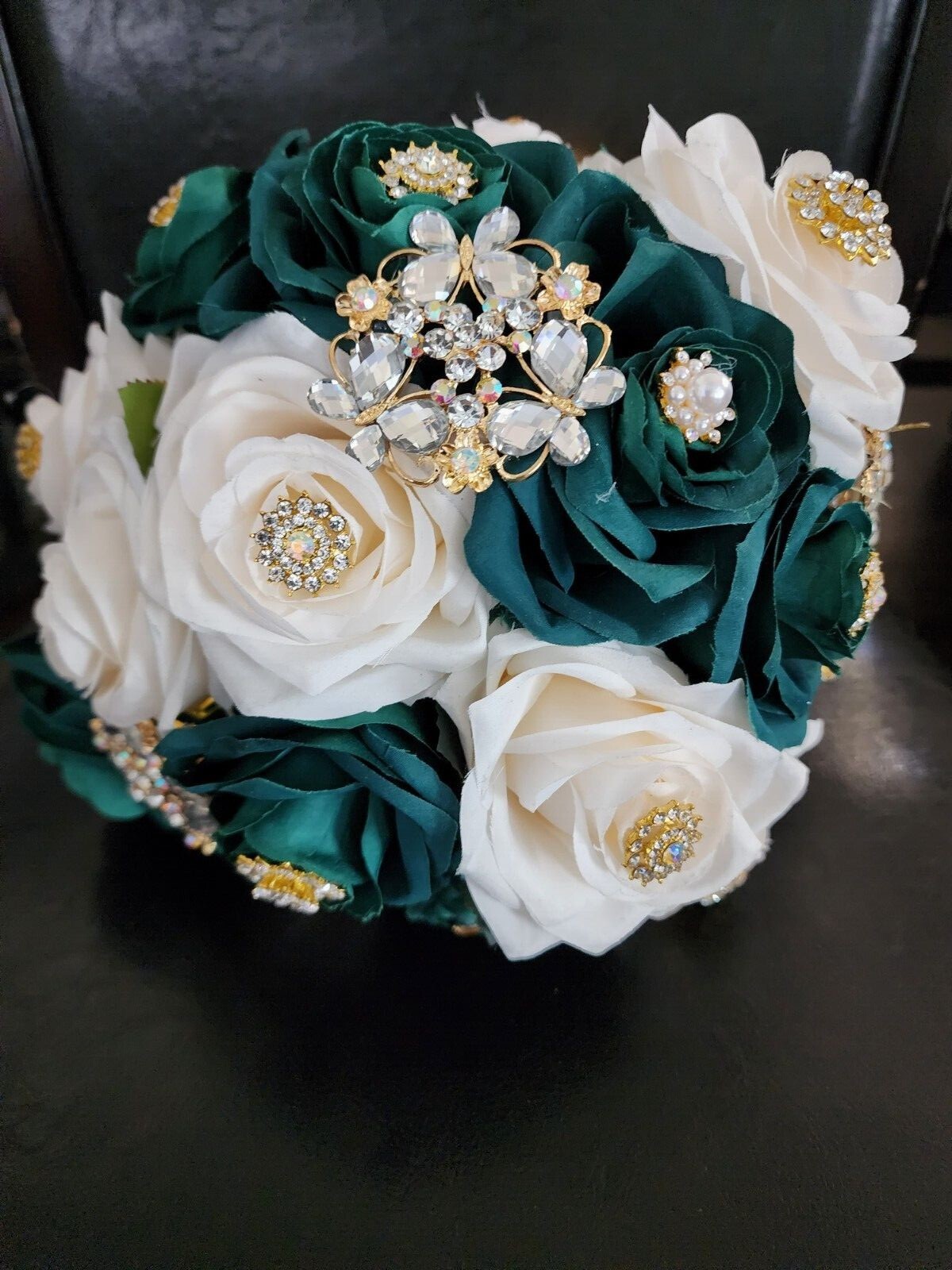 Emeral Green & Ivory Luxury Bouquet with Lights for Quinceneras & Weddings