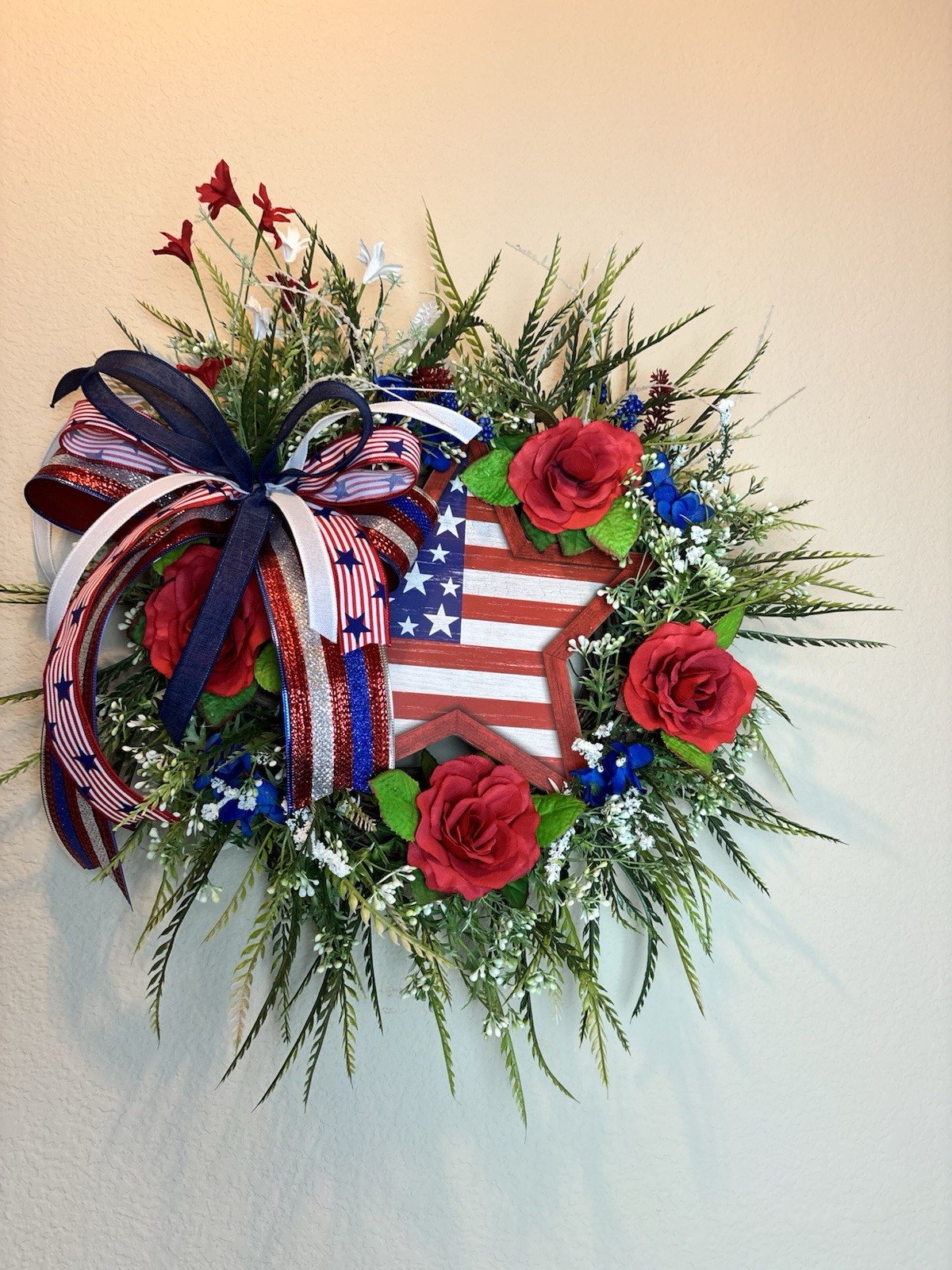 Patriotic Wreath USA Flag Red White Blue Front Door Decor Bow