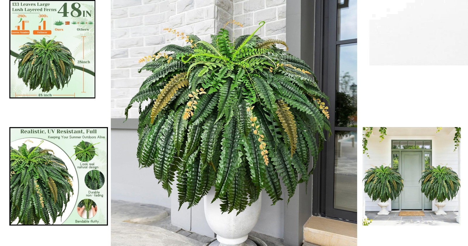 48-Inch UV Resistant Faux Boston Fern with 133 Lush Leaves for Outdoor Charm