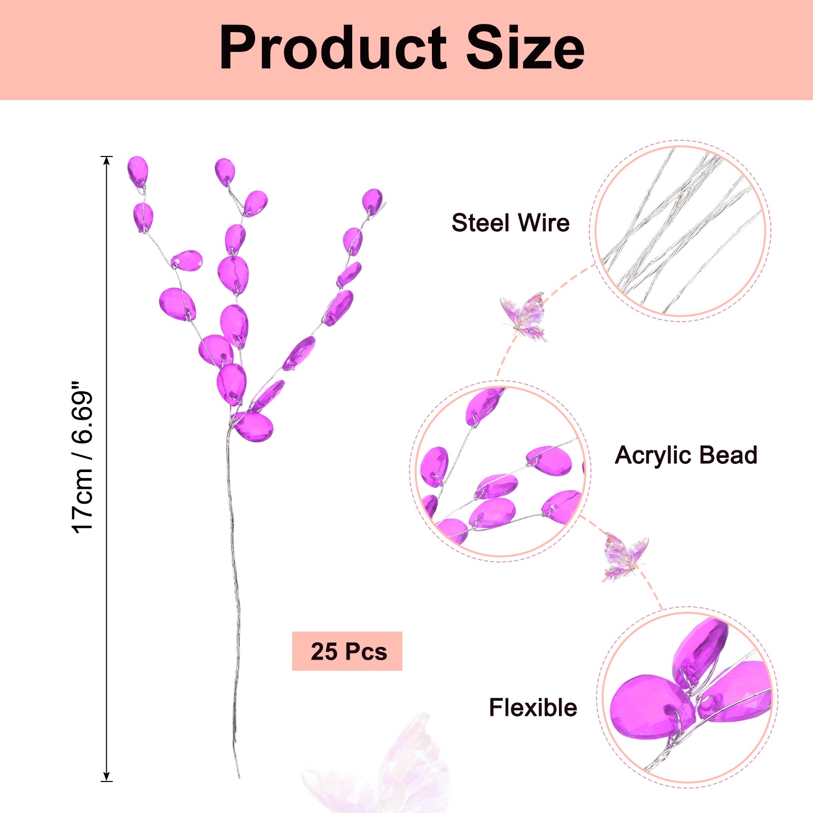 25 Pcs Acrylic Crystal Flower, Floral Picks Acrylic Bead Drops, Purple