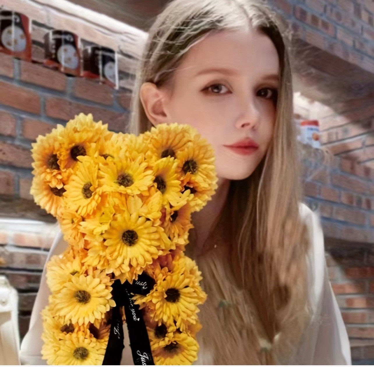 Sunflower Foam Bear – Artificial Sunflower Arrangement with Golden Ribbon
