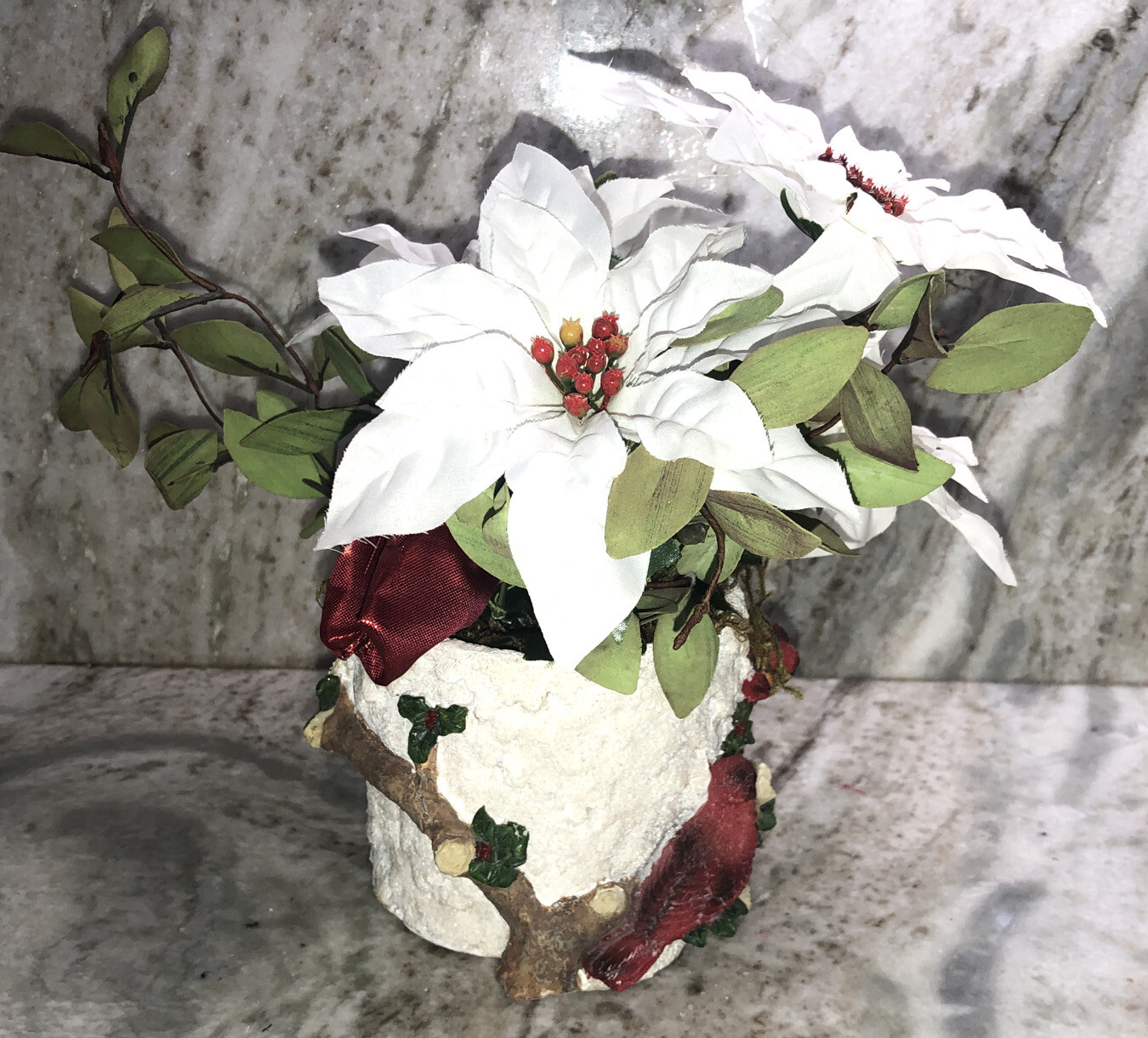 Christmas Cardinal Flower Pot Filled With 9”H x 10”W Artificial Flowers-NEW
