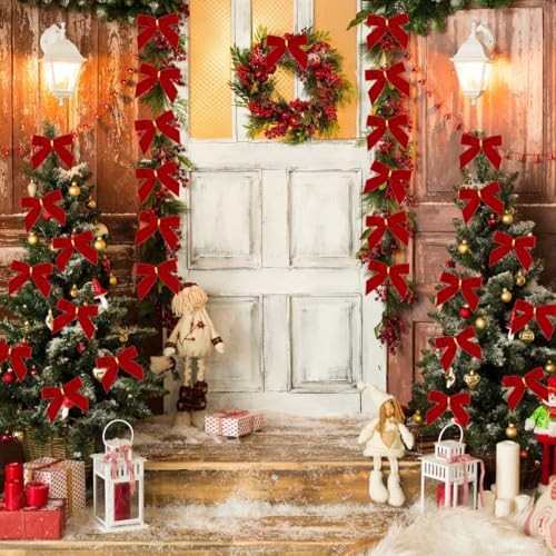 28PCS Velvet Bows for Christmas Tree,Velvet Ribbon Bows Christmas Ornaments Red