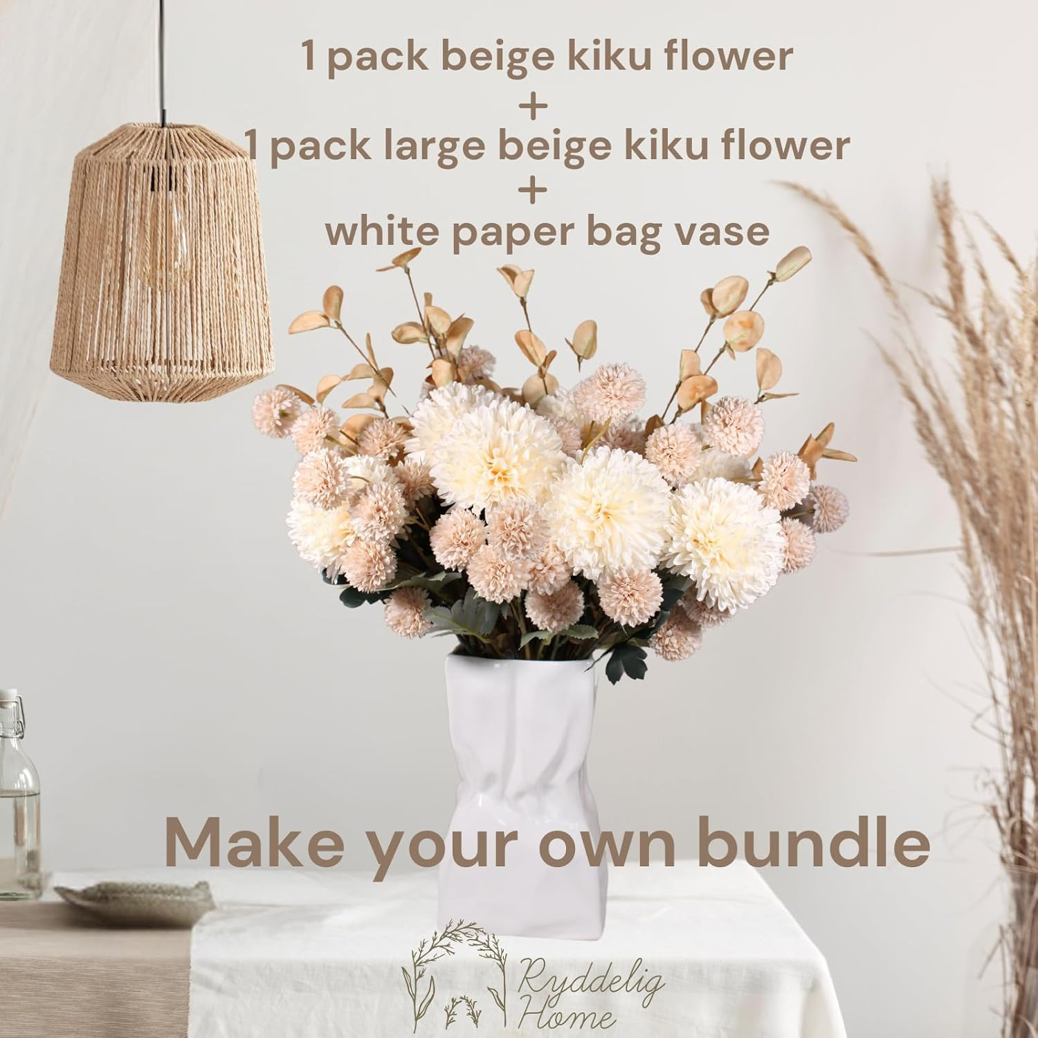 Large Kiku Flower Beige 10 Stems, Silk Flowers Bulk Boho Bouquet, Large Artifici