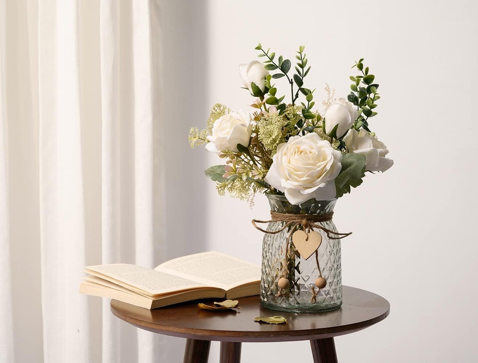 Artificial Flowers with Vase, Silk Roses and Eucalyptus, 12.5 Inch Faux Flower