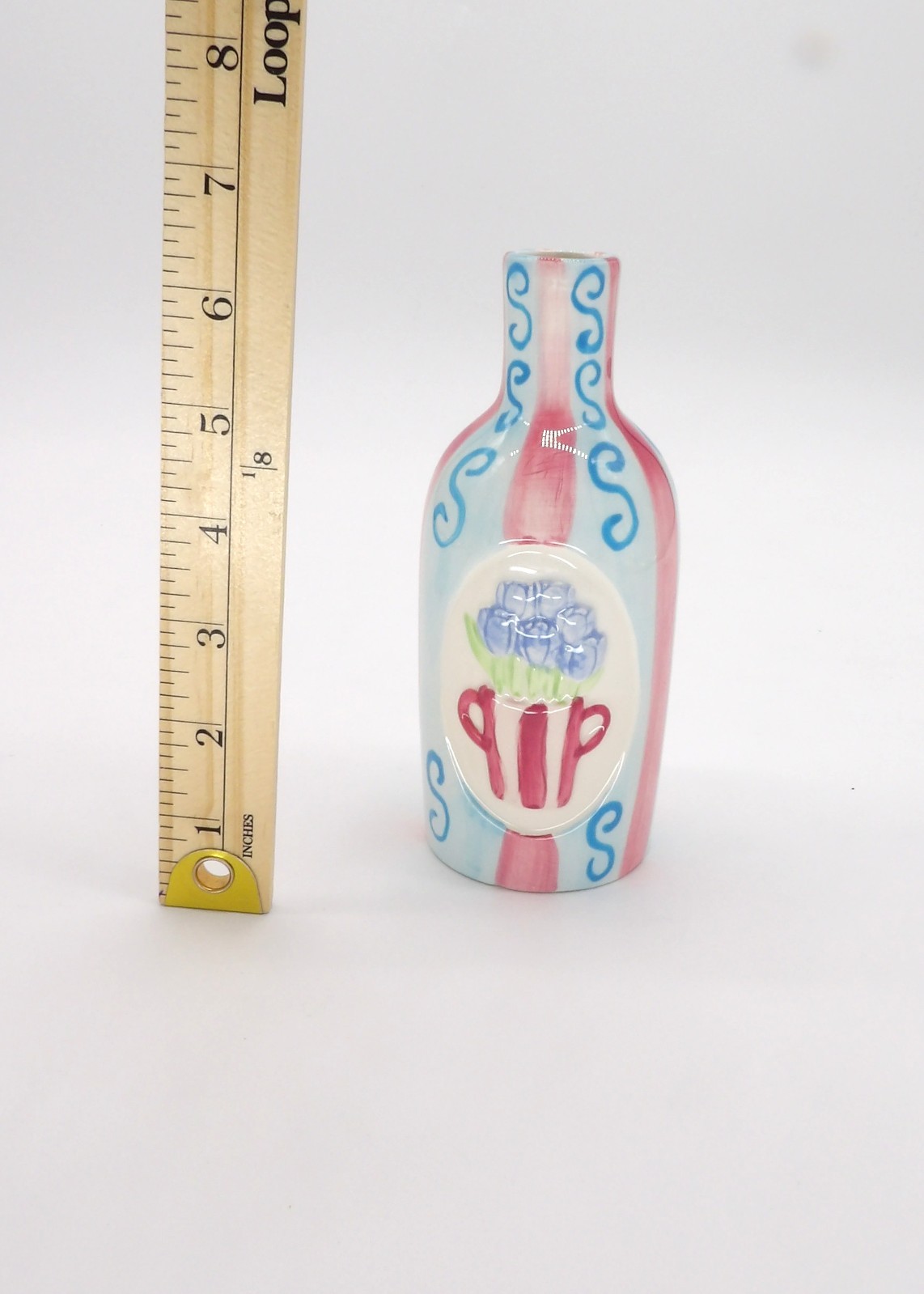 Blue and Pink Striped Bud Vase with Tulips 7″ Spring Decor