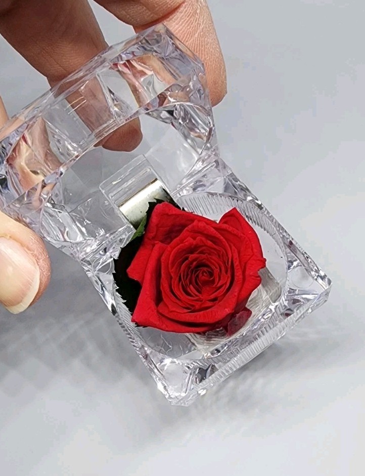 preserved Real red rose W Leaf In clear diamond shaped acrylic Ring box