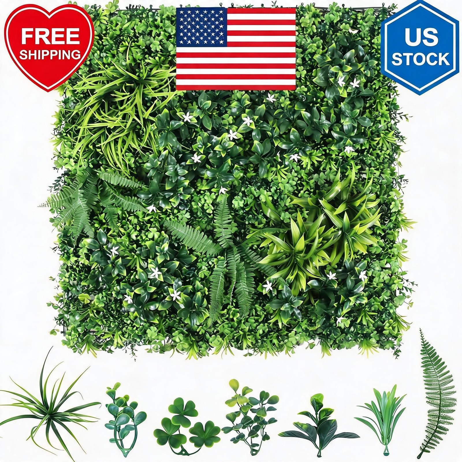 3pcs 39.37″X39.37″ PE Artificial Grass Wall Panel, 6-Plant Mixed Foliage Easy