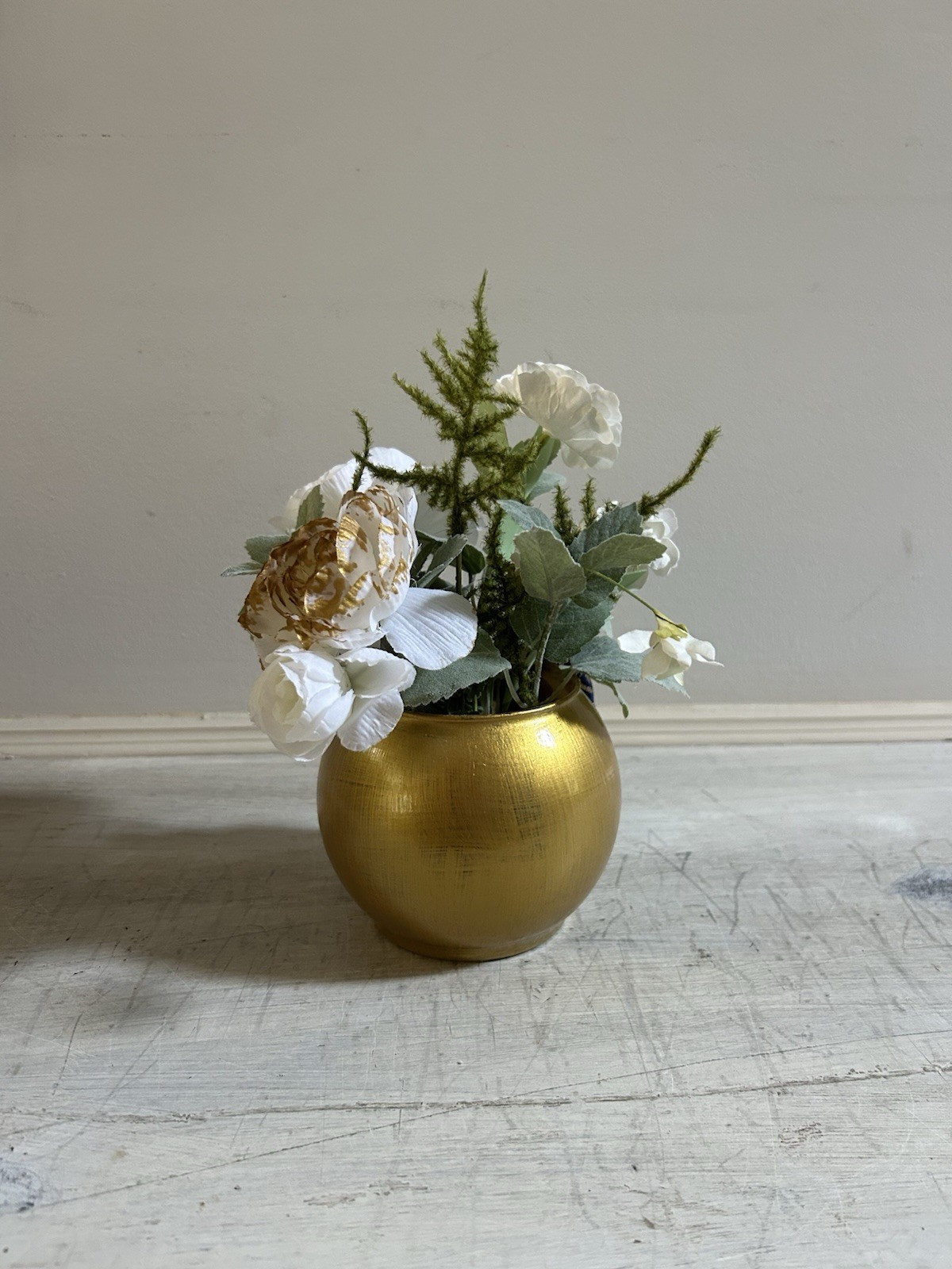 Sage Green White And Gold Floral Arrangement With Navy And Gold Bow