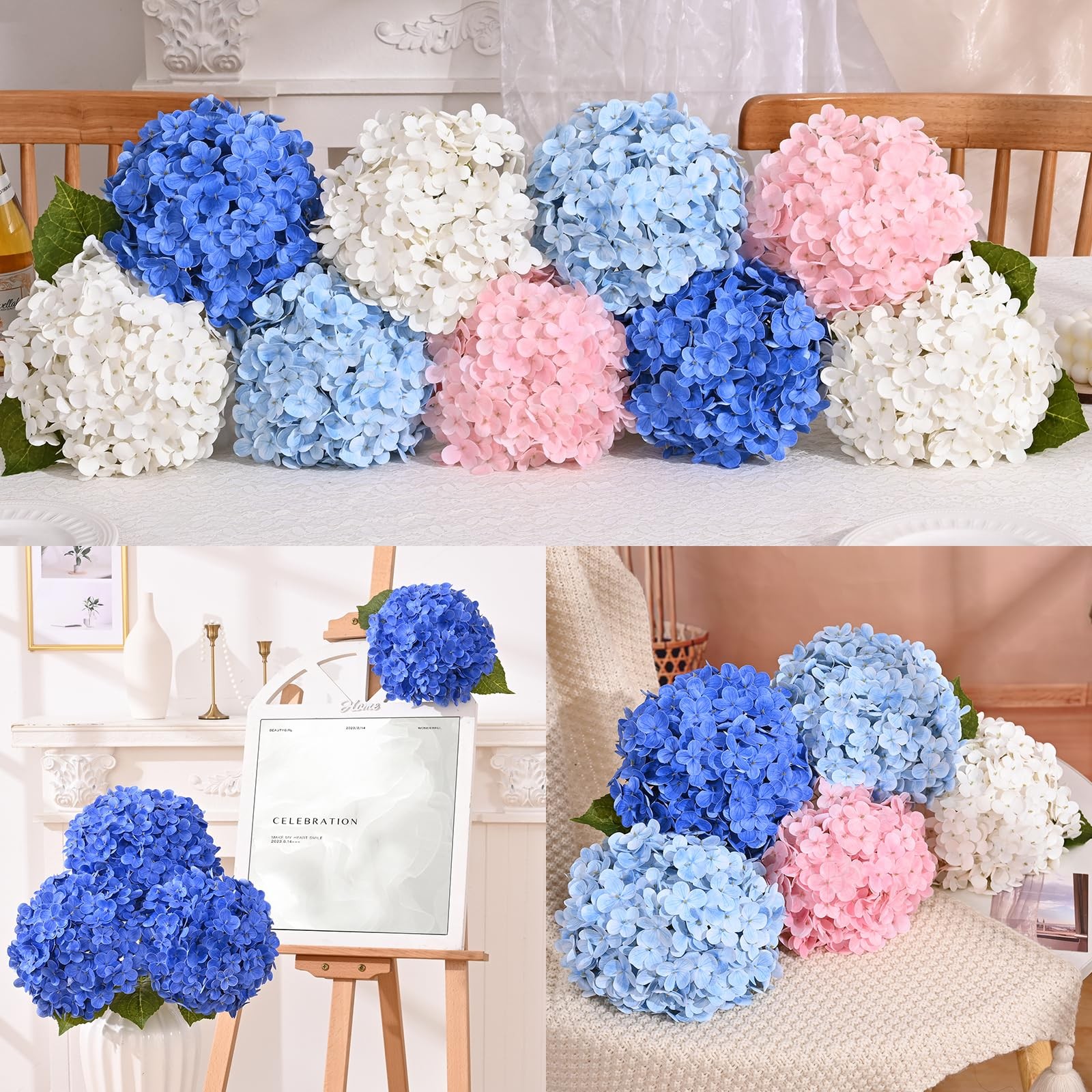 3 Pcs Blue Hydrangea Artificial Flowers Latex Real Touch Hydrangea, 21 inch 2…