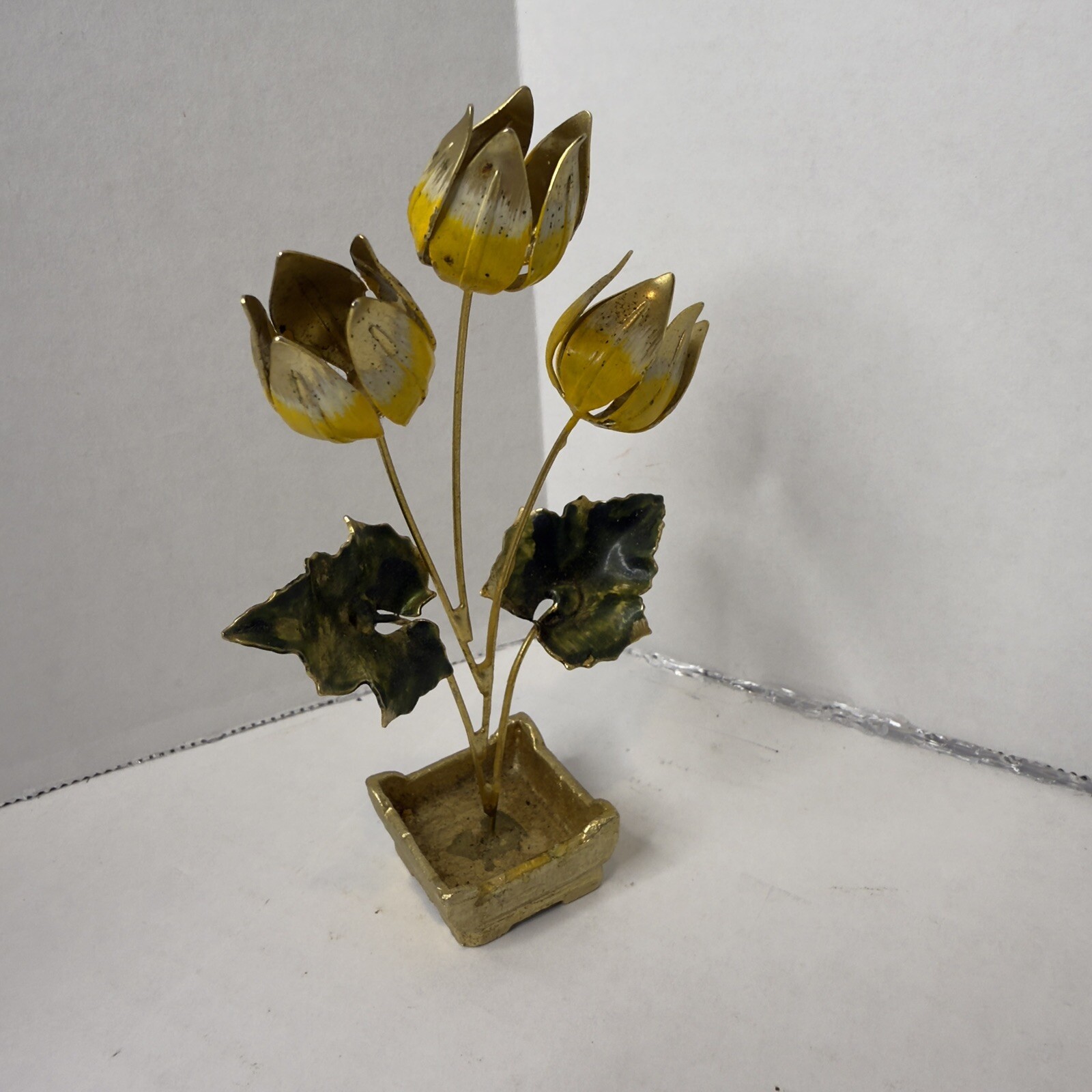 Vintage Chinese Brass and Enamel Flower Arrangement Tulips