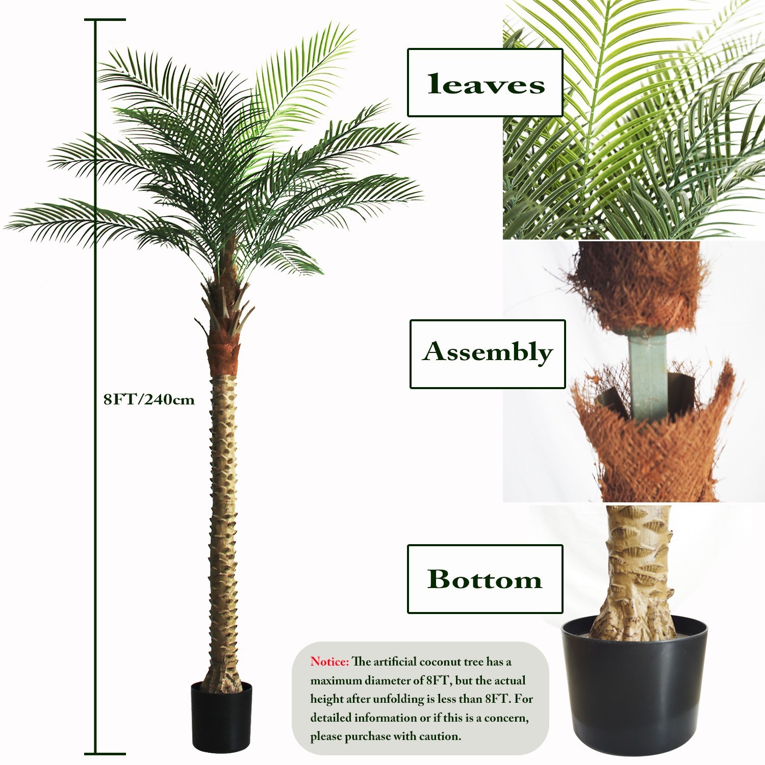2 Pack 8ft Artificial Coconut Palm Tree, Fake Tropical Palm Plant Indoor Outdoor