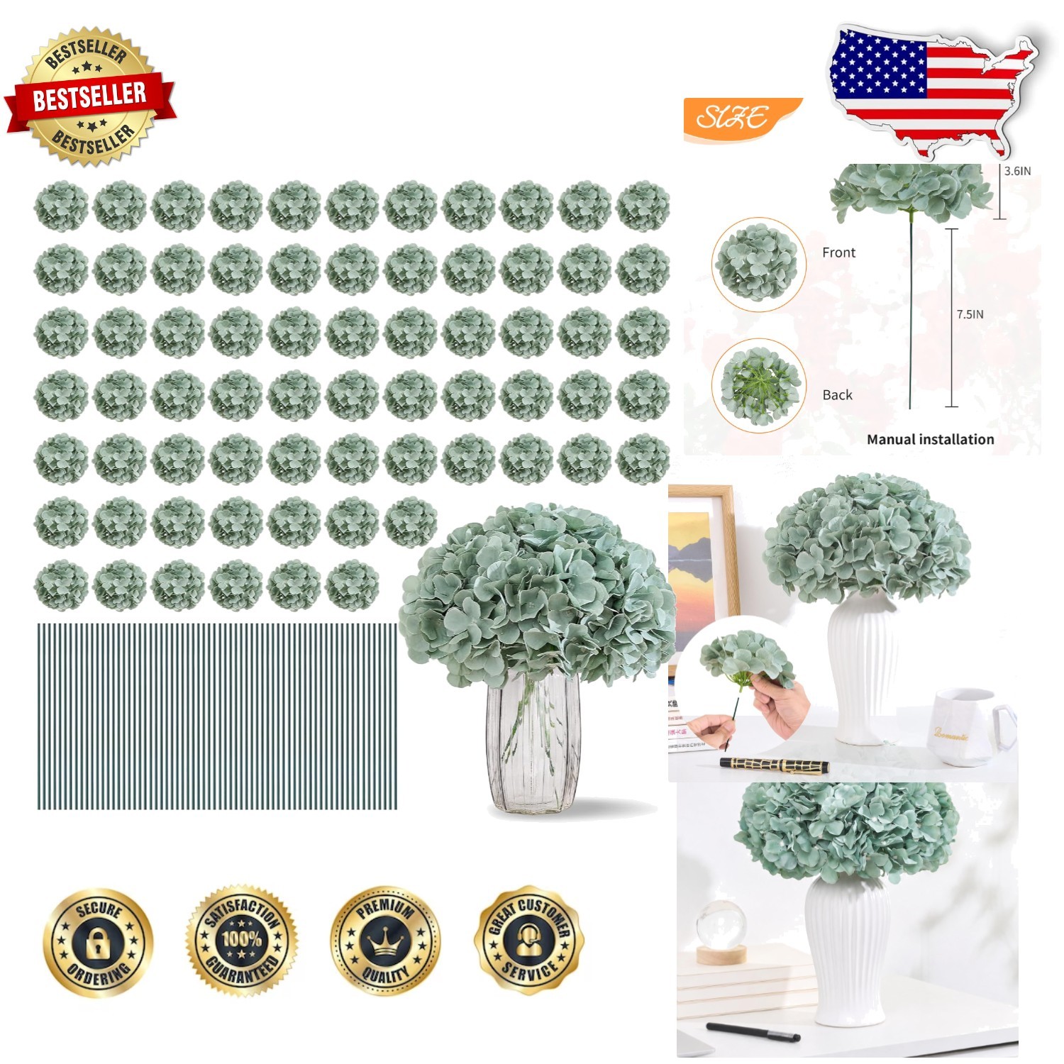 100ct Sage Green Artificial Hydrangea Blooms – Lush Silk Floral Wedding Decor