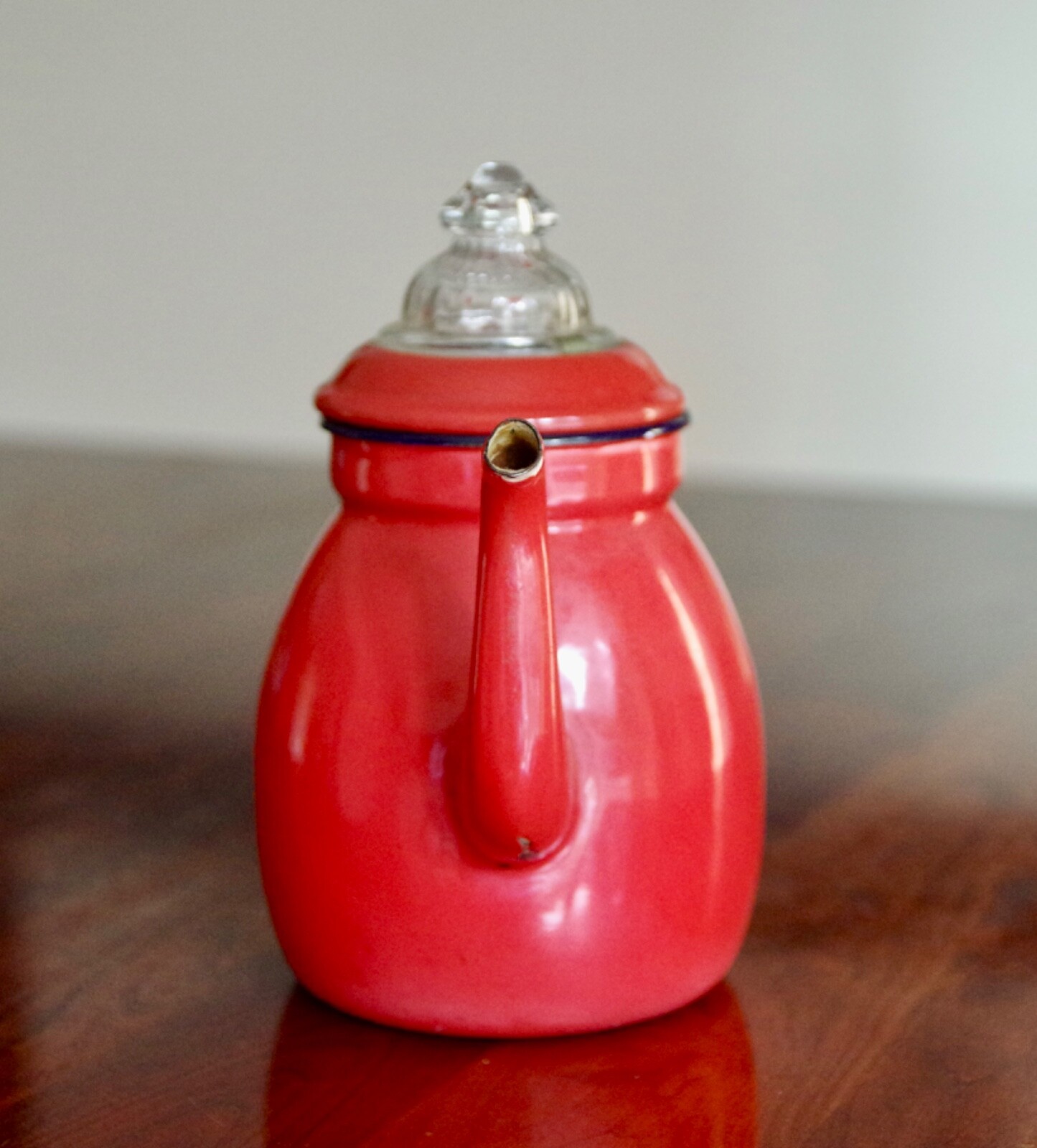 Silk Red, White and Purple Arrangement in Red Enamel Coffee Pot