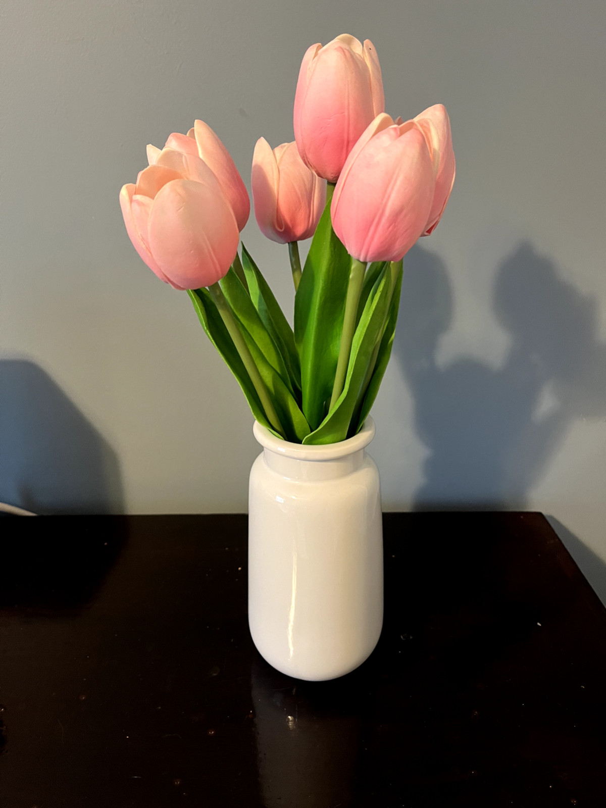 Artificial Pink Tulips Arrangement in White 7″ Vase, Set of 2, 14.5″ Tall NEW