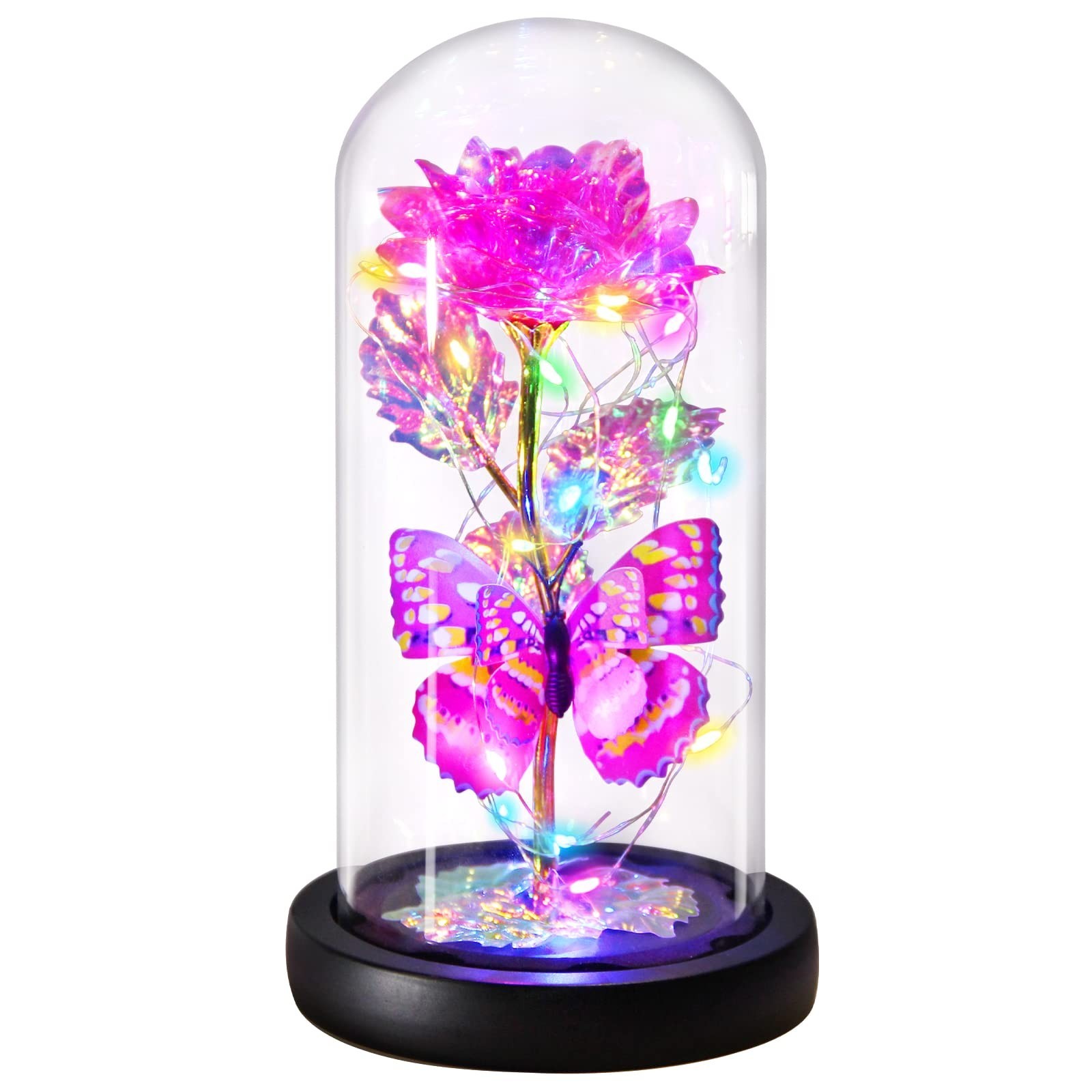 Light Up Pink Butterfly Rose in Glass Dome – Eternal Valentine’s Gift for Her