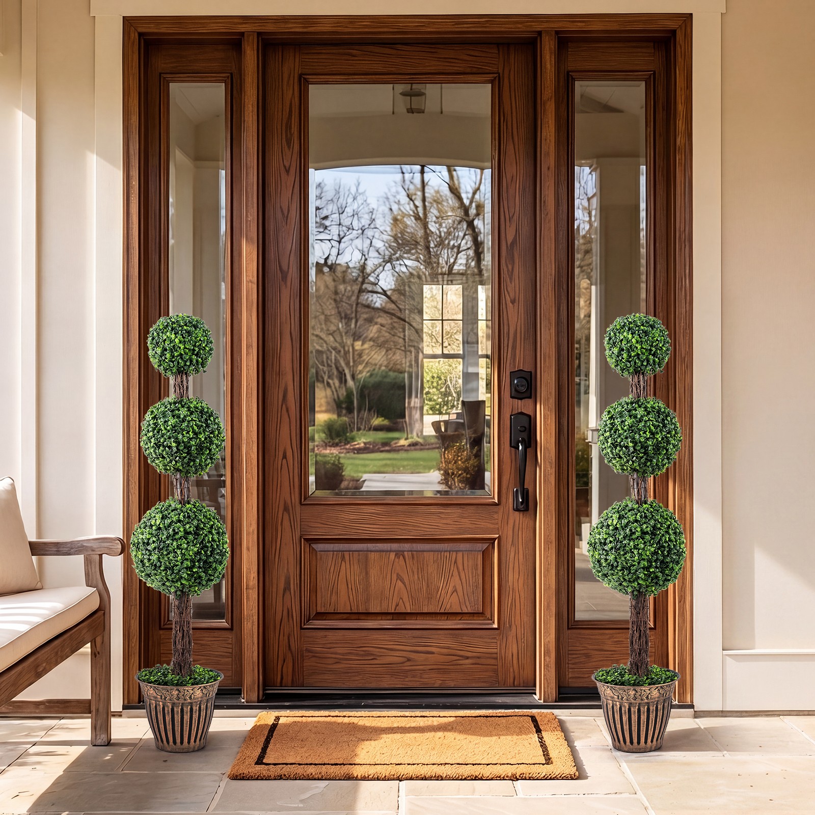2PCS Artificial Triple Ball Boxwood Tree, Fake Topiary Tree w/ Retro Planter