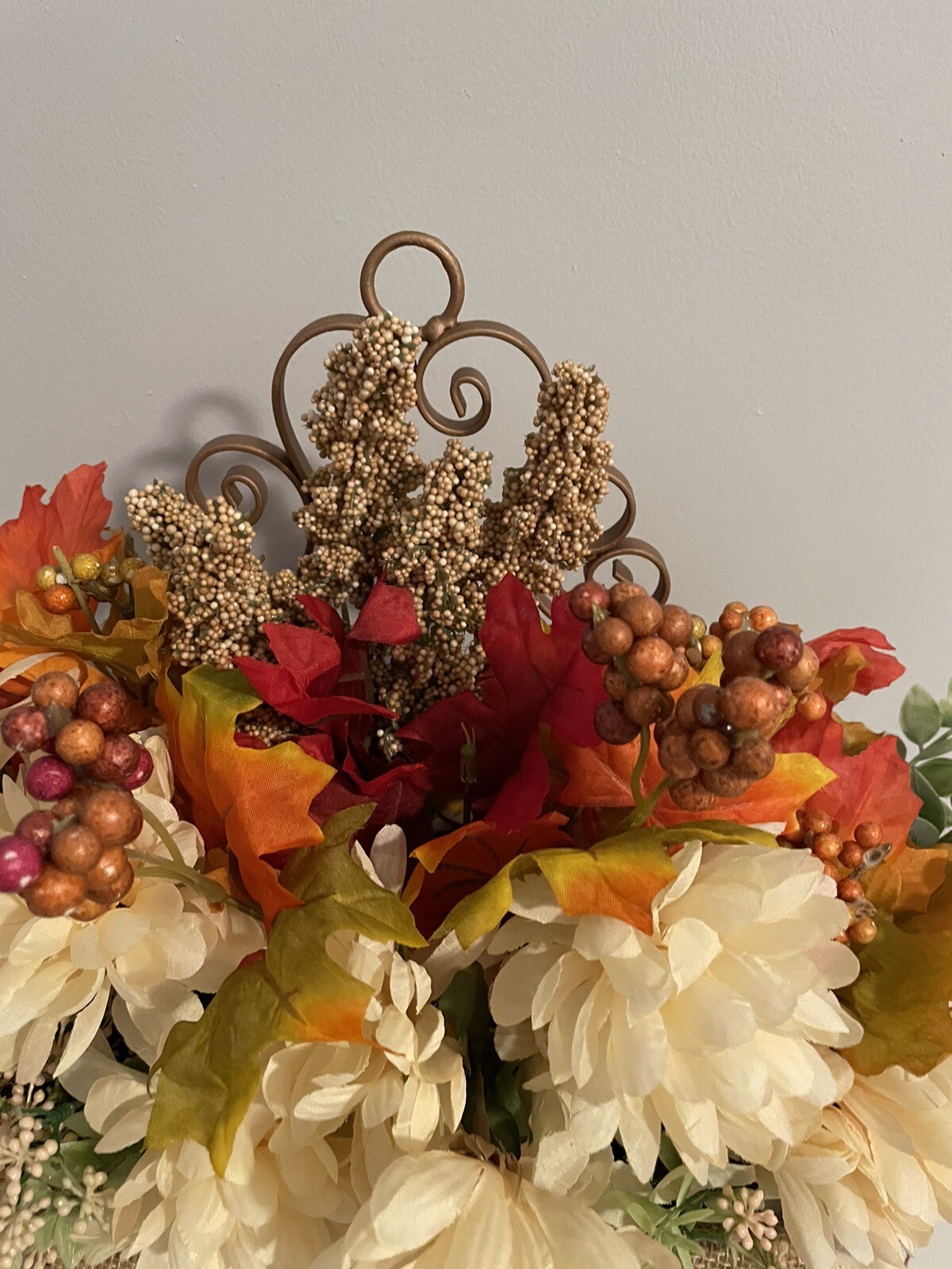 Fall Flower Arrangement In Large Upcycled Metal Hanging Basket Copper Painted