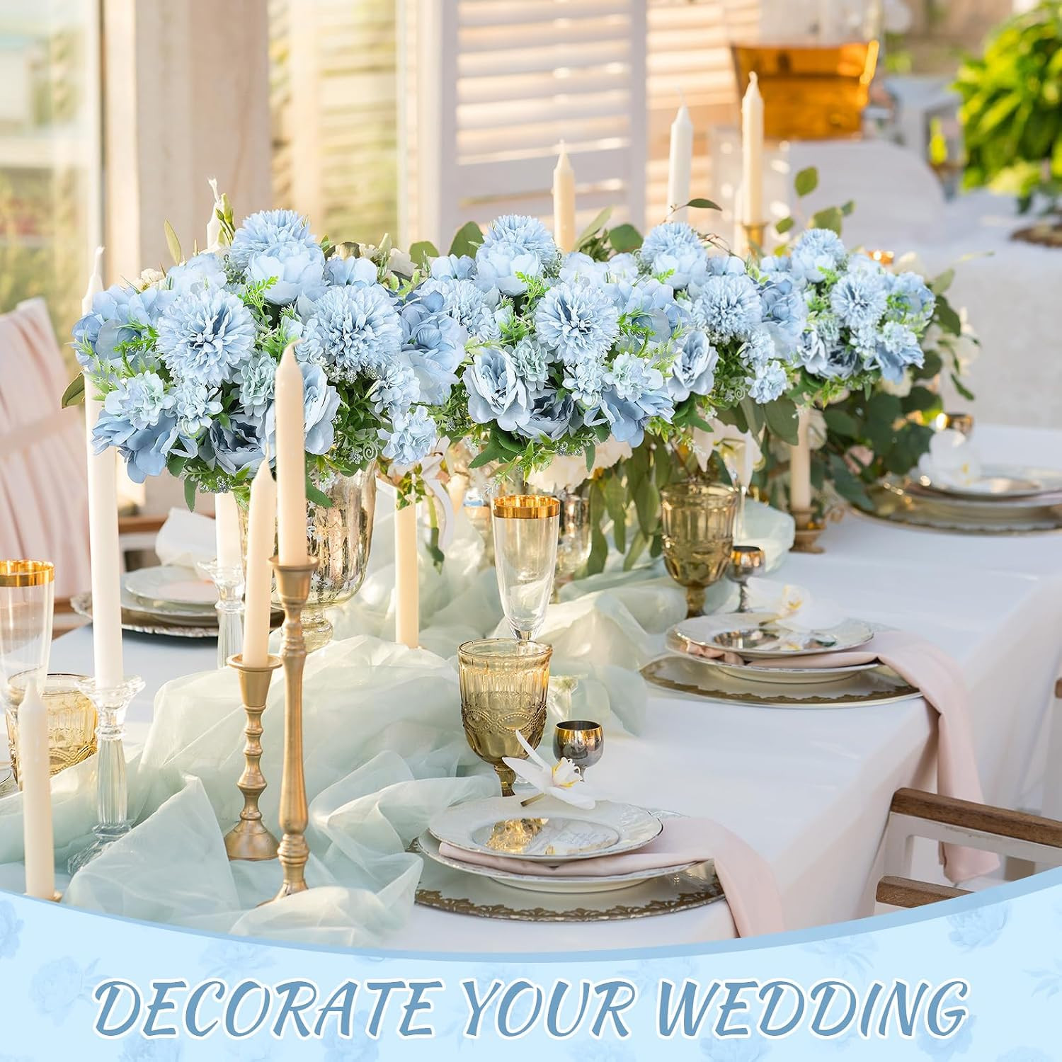 Realistic Silk Peony Hydrangea Bouquet – 8 Pcs Blue Faux Flowers for Decor