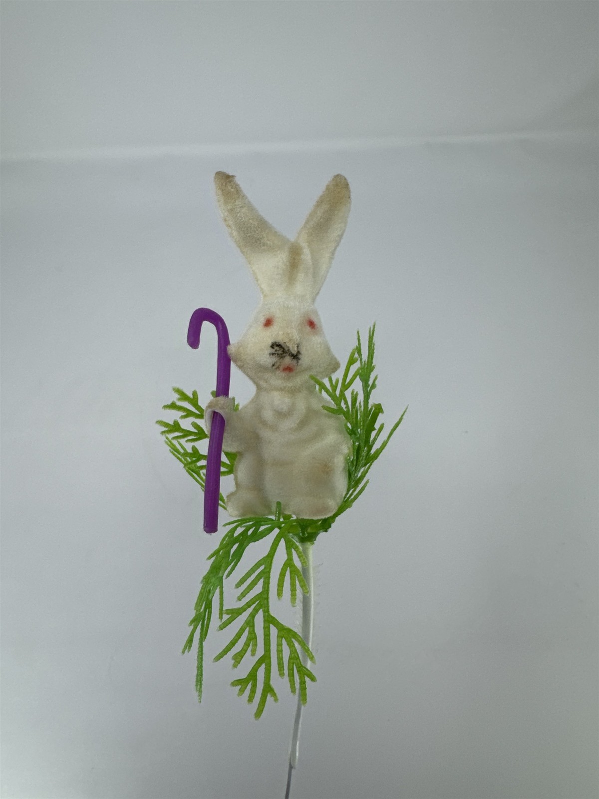 Vtg Flocked Easter Bunny Rabbit Purple Cane Floral Pick White Wreath Decoration