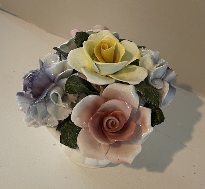 ViTG Royal Kendall Fine Bone China Flower Bouquet Basket Pink Yellow & Blue