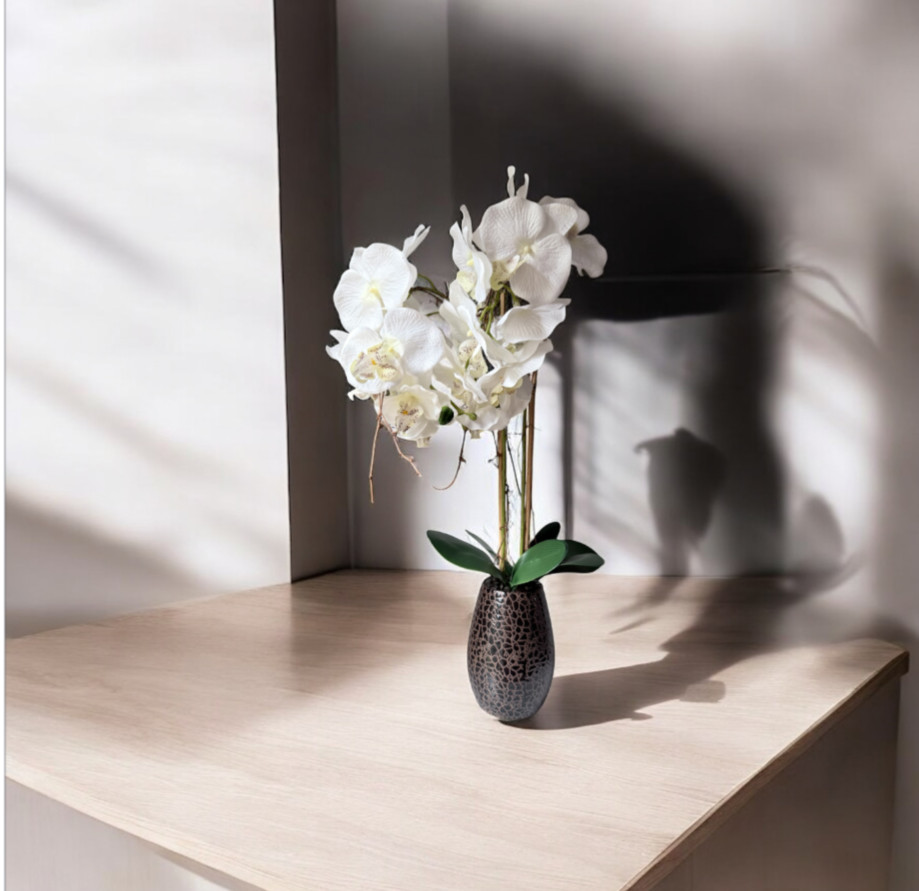 artificial white Phalaenopsis orchid arrangement in a brown textured vase 27”….