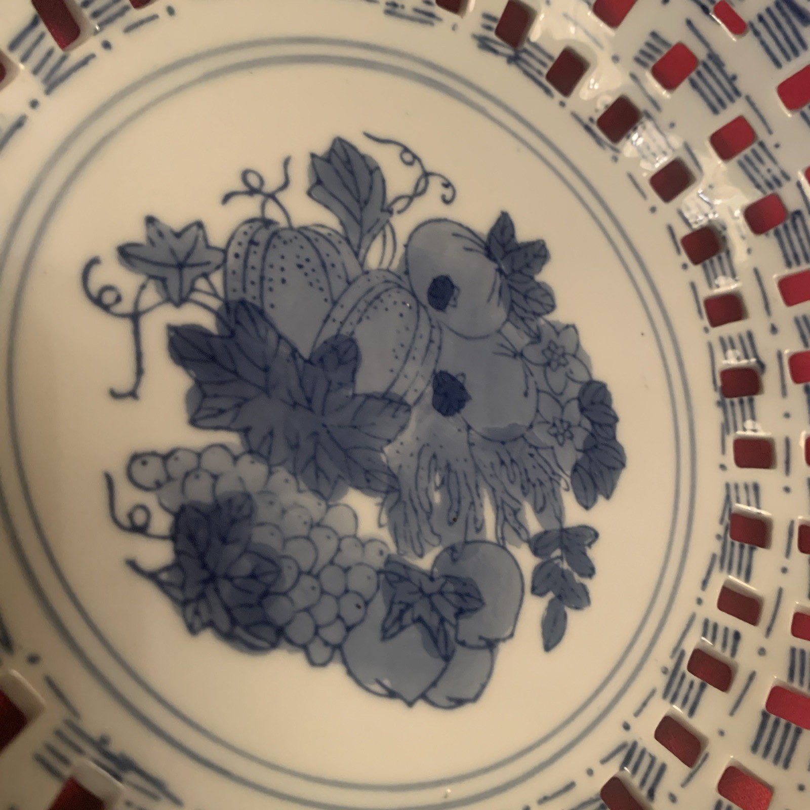 Ceramic Basketweave Fruit And Bread Bowl, Blue and White, Lattice Cut China 7.5″