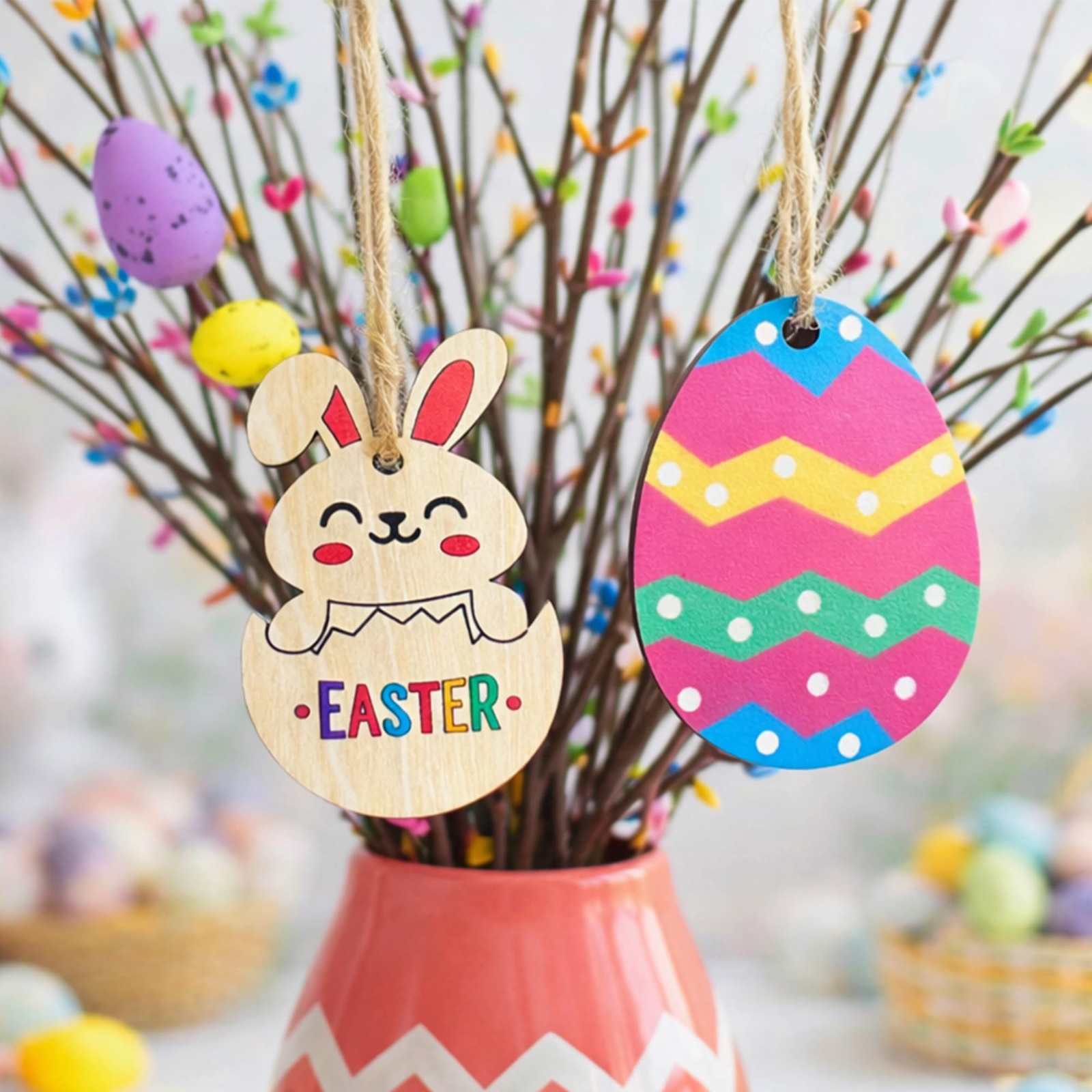 Artificial Easter Spray Vine with Pastel Easter Eggs and Berries, Wooden Eggs…