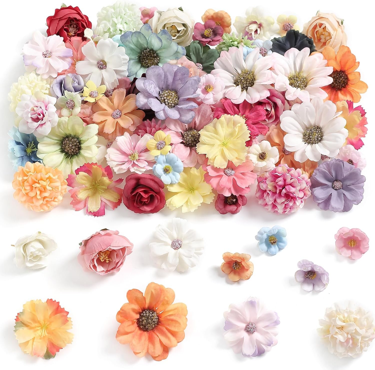Faux Flower Heads Mini Multi Color Artificial Flower Heads Fake Peony Daisy Rose